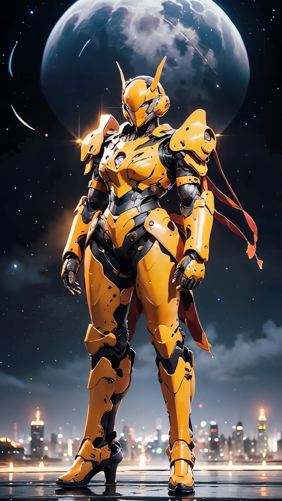 A woman adorned in fantasy-style full-body armor, a crown-concept fully enclosed helmet that unveils only her eyes, a composite layered chest plate, fully encompassing shoulder and hand guards, a lightweight waist armor, form-fitting shin guards, the overall design is heavy-duty yet flexible, ((the armor gleams with a golden glow, complemented by red and blue accents)), exhibiting a noble aura, she floats above a fantasy-surreal high-tech city, this character embodies a finely crafted fantasy-surreal style armored hero in anime style, exquisite and mature manga art style, (Queen bee mixed with Spider concept Armor, photorealistic:1.2), ((night sky, city night view, elegant, goddess, femminine:1.5)), Unreal Engine 5, metallic, high definition, best quality, highres, ultra-detailed, ultra-fine painting, extremely delicate, professional, anatomically correct, symmetrical face, extremely detailed eyes and face, high quality eyes, creativity, RAW photo, UHD, 32k, Natural light, cinematic lighting, masterpiece-anatomy-perfect, masterpiece:1.5