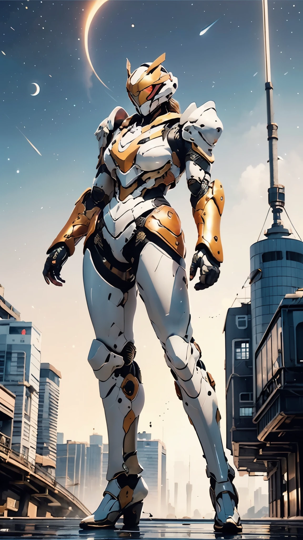 A woman adorned in fantasy-style full-body armor, a crown-concept fully enclosed helmet that unveils only her eyes, a composite layered chest plate, fully encompassing shoulder and hand guards, a lightweight waist armor, form-fitting shin guards, the overall design is heavy-duty yet flexible, ((the armor gleams with a golden glow, complemented by red and blue accents)), exhibiting a noble aura, she floats above a fantasy-surreal high-tech city, this character embodies a finely crafted fantasy-surreal style armored hero in anime style, exquisite and mature manga art style, (Queen bee mixed with Spider concept Armor, photorealistic:1.2), ((night sky, city night view, elegant, goddess, femminine:1.5)), Unreal Engine 5, metallic, high definition, best quality, highres, ultra-detailed, ultra-fine painting, extremely delicate, professional, anatomically correct, symmetrical face, extremely detailed eyes and face, high quality eyes, creativity, RAW photo, UHD, 32k, Natural light, cinematic lighting, masterpiece-anatomy-perfect, masterpiece:1.5