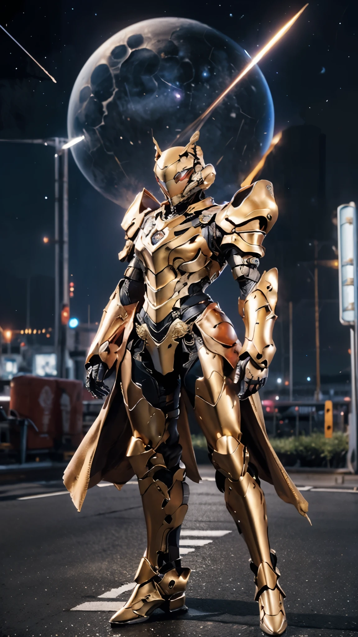 A woman adorned in fantasy-style full-body armor, a crown-concept fully enclosed helmet that unveils only her eyes, a composite layered chest plate, fully encompassing shoulder and hand guards, a lightweight waist armor, form-fitting shin guards, the overall design is heavy-duty yet flexible, ((the armor gleams with a golden glow, complemented by red and blue accents)), exhibiting a noble aura, she floats above a fantasy-surreal high-tech city, this character embodies a finely crafted fantasy-surreal style armored hero in anime style, exquisite and mature manga art style, (Queen bee mixed with Spider concept Armor, photorealistic:1.2, Real texture material:1.2), ((night sky, city night view, elegant, goddess, femminine:1.5)), Unreal Engine 5, metallic, high definition, best quality, highres, ultra-detailed, ultra-fine painting, extremely delicate, professional, anatomically correct, symmetrical face, extremely detailed eyes and face, high quality eyes, creativity, RAW photo, UHD, 32k, Natural light, cinematic lighting, masterpiece-anatomy-perfect, masterpiece:1.5