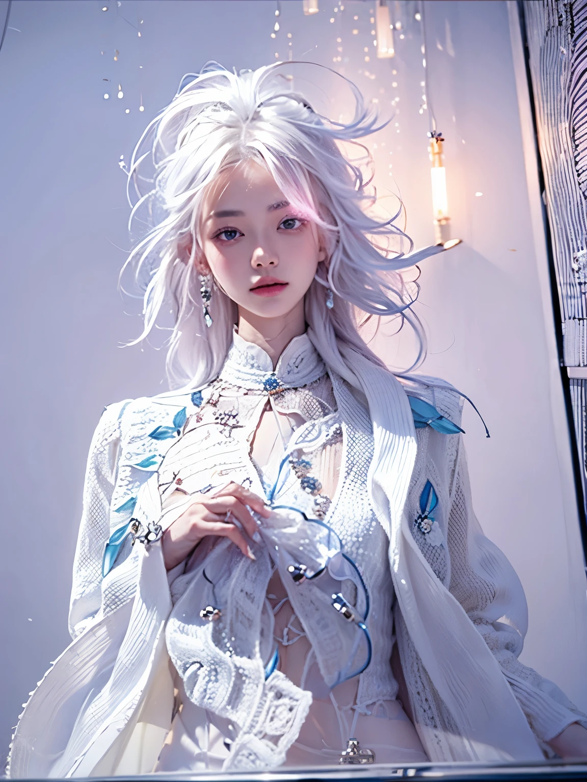 pencil drawing,Off-white hair,Pink tie flower,milky white skin,delicate face,super goddess,sky blue pendant,Pink and white gradient dress,light gray background