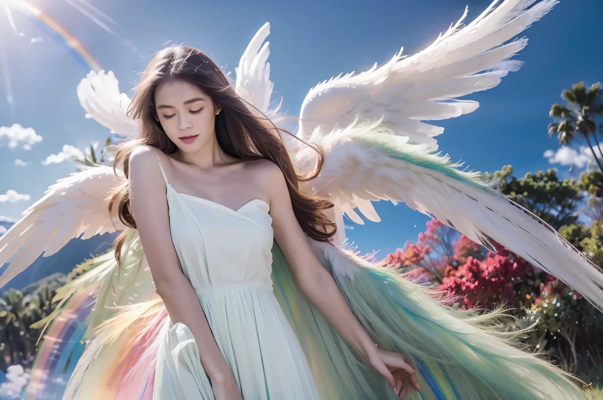 law of attraction, universe, blue sky, Green Hill, Sparkling, Angel, wing, happiness, rainbow aura, realistic, Super detailed, 
