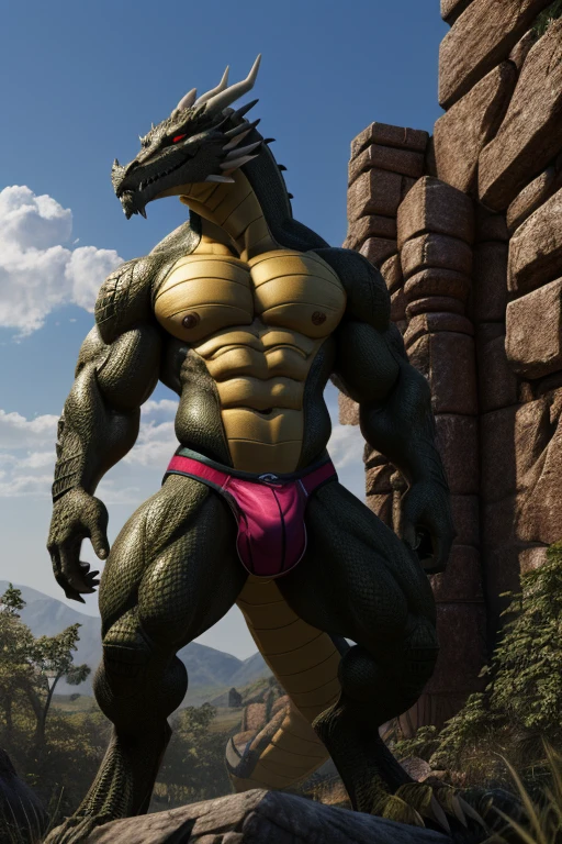 Shendu, shendu,dragon,aldult,male,alone,looking at the audience,Claw,Crocodile,tooth齿,crawler,chest muscles,green body,peak,tooth,dragon尾巴,4K,best quality,HD,whole body,claws,topless,chest muscles, pink nipples, Six-pack abs,biceps,anatomically correct,,pride,soft shadow,majestic,Detailed face,HD的眼睛,Sharp eyes,red eyes,eyes shining,Grandiose,brave,Confident smile,Strong,mature,underwear,wilderness,ruins,Blue sky and white clouds,Sunlight