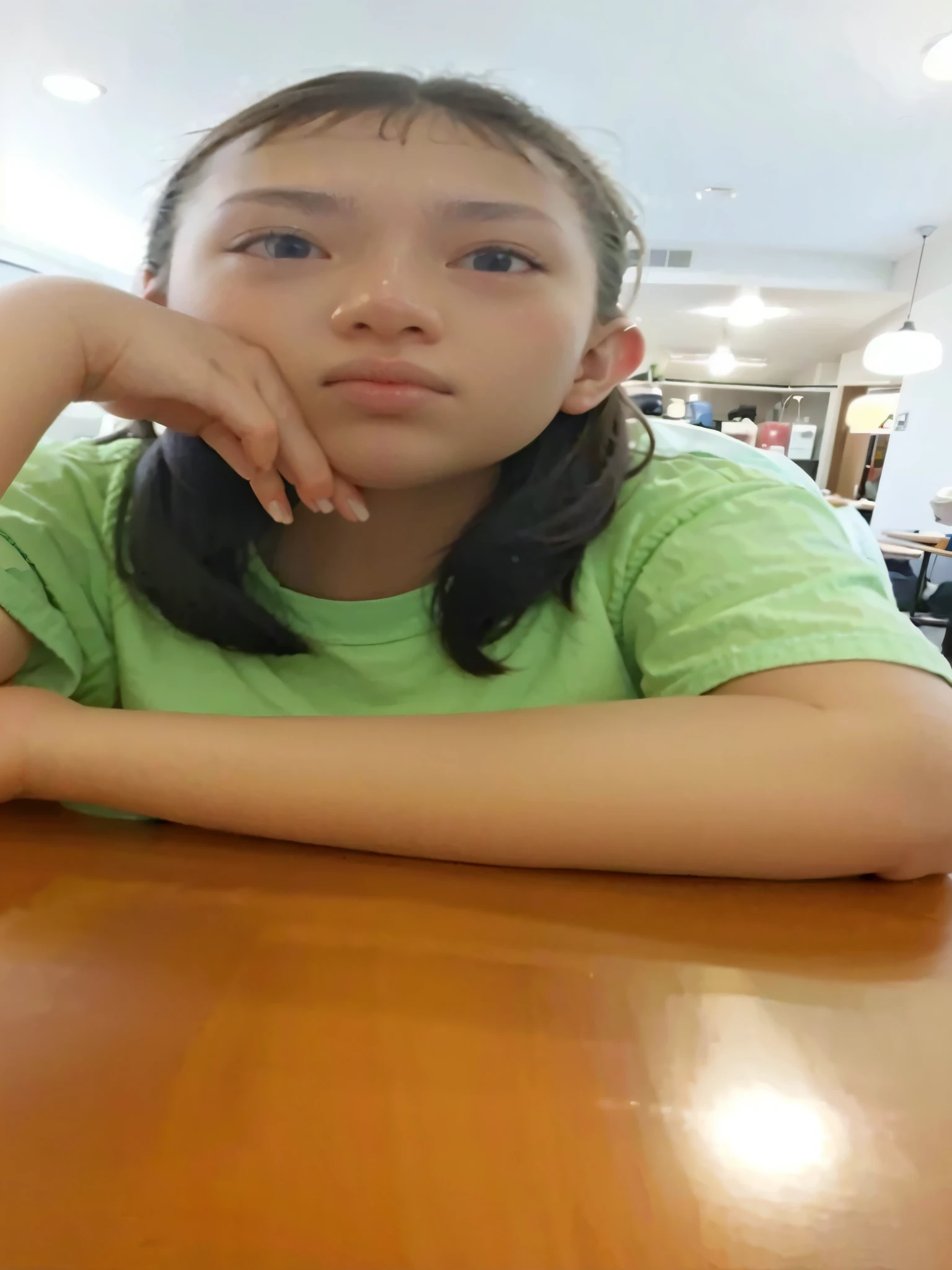 there is a woman sitting at a table with a cell phone, bored expression, sad expression, sleepy expression, with a sad expression, pouting, hand on cheek, tired expression, shot on nicon camera, angry and bored, bored, sitting at table, low quality photograph, hand on her chin, low quality photo, sad exasperated expression, face photo