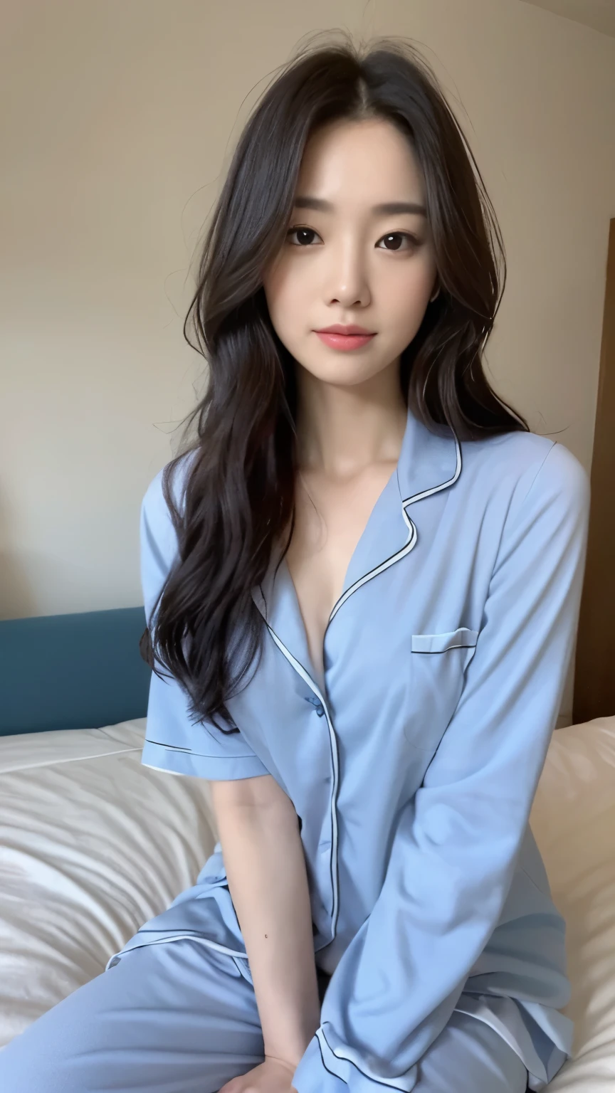 ((top-quality、8k、masterpiece:1.3))、Beautiful woman with perfect body:1.4、slim abdomen:1.2、Longhair, normal breast, Highly detailed facial and skin texture, A detailed eye, delicate eyes, double eyelid, (smile), (full body shot), ((bedroom)), (sitting on bed), ((wearing blue pyjamas)), looking in front