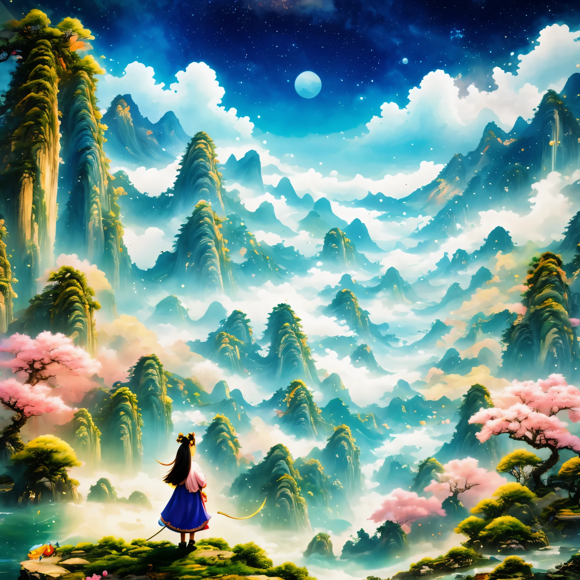 super detailed，Chinese ink style，Chinese Dream Landscape，Fairy tale world, fairyland paradise, big tree, Golden beam, fantasy creatures, Fairy, unicorn, Talking animals, Sweet floral aroma, sweet birdsong, mottled shadow, *********** in white robe, magic wand, Colorful light spots, Far away magical country, imagination, secret, adventure，magical atmosphere，happy and peaceful scene，Surreal and ethereal colors，otherworldly environment，Hazy and mysterious atmosphere，Amazing natural wonders，Grandeur and sense of scale