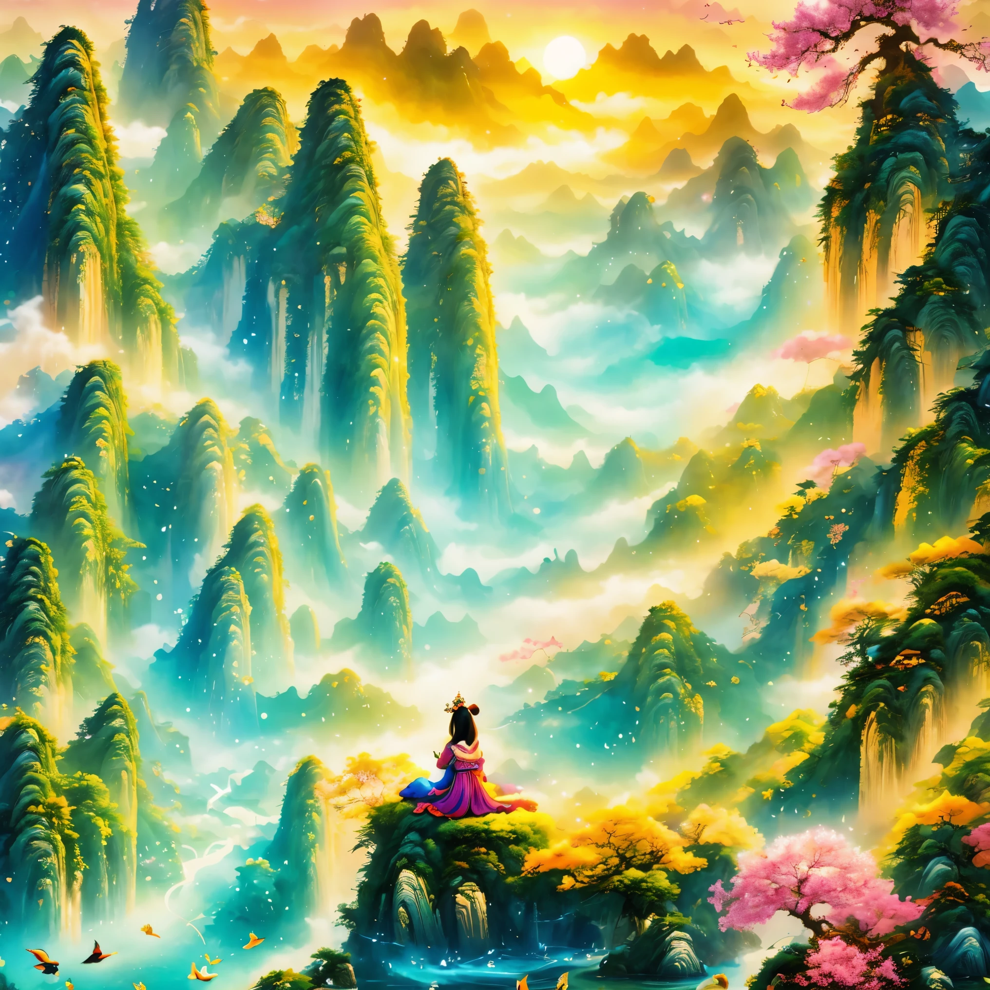 super detailed，Chinese ink style，Chinese Dream Landscape，Fairy tale world, fairyland paradise, big tree, Golden beam, fantasy creatures, Fairy, unicorn, Talking animals, Sweet floral aroma, sweet birdsong, mottled shadow, little girl in white robe, magic wand, Colorful light spots, Far away magical country, imagination, secret, adventure，magical atmosphere，happy and peaceful scene，Surreal and ethereal colors，otherworldly environment，Hazy and mysterious atmosphere，Amazing natural wonders，Grandeur and sense of scale