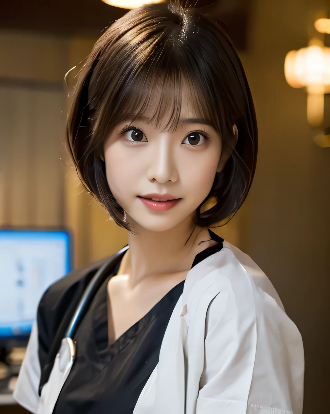 (((hospital, nurse:1.3, indoor, Photographed from the front))), ((medium bob:1.3, black knit, japanese woman, slightly larger breasts, cute)), (clean, natural makeup), (highest quality, masterpiece:1.3, 超High resolution), (Super detailed, caustics), (realistic:1.4, RAW shooting), very detailed, High resolution, 16K resolution
