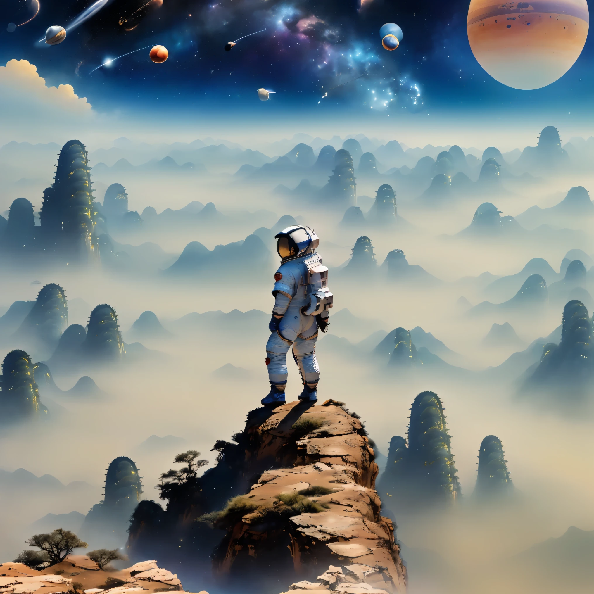 Super detailed，Chinese ink style，Chinese dream landscape，(Distant planetary sky，一个穿着未来尖端技术制成的蓝色space suit，Mars climbing cliff close-up:1.8），Ringed planet floating in the sky，illustration，bright shining stars，Stunning galactic background，A feeling of mystery and tranquility，magical atmosphere、Happy and peaceful scene、Surreal and ethereal colors、textured landscape、otherworldly environment、magnificent view、Hazy and mysterious atmosphere、dramatic light and shadow、Unique rock formations、Thrilling sense of adventure、Amazing natural wonders、A sense of grandeur and scale，Endless possibilities to explore，space suit，(中国高科技space suit，高细节space suit，China's next generation of astronauts:1.5)