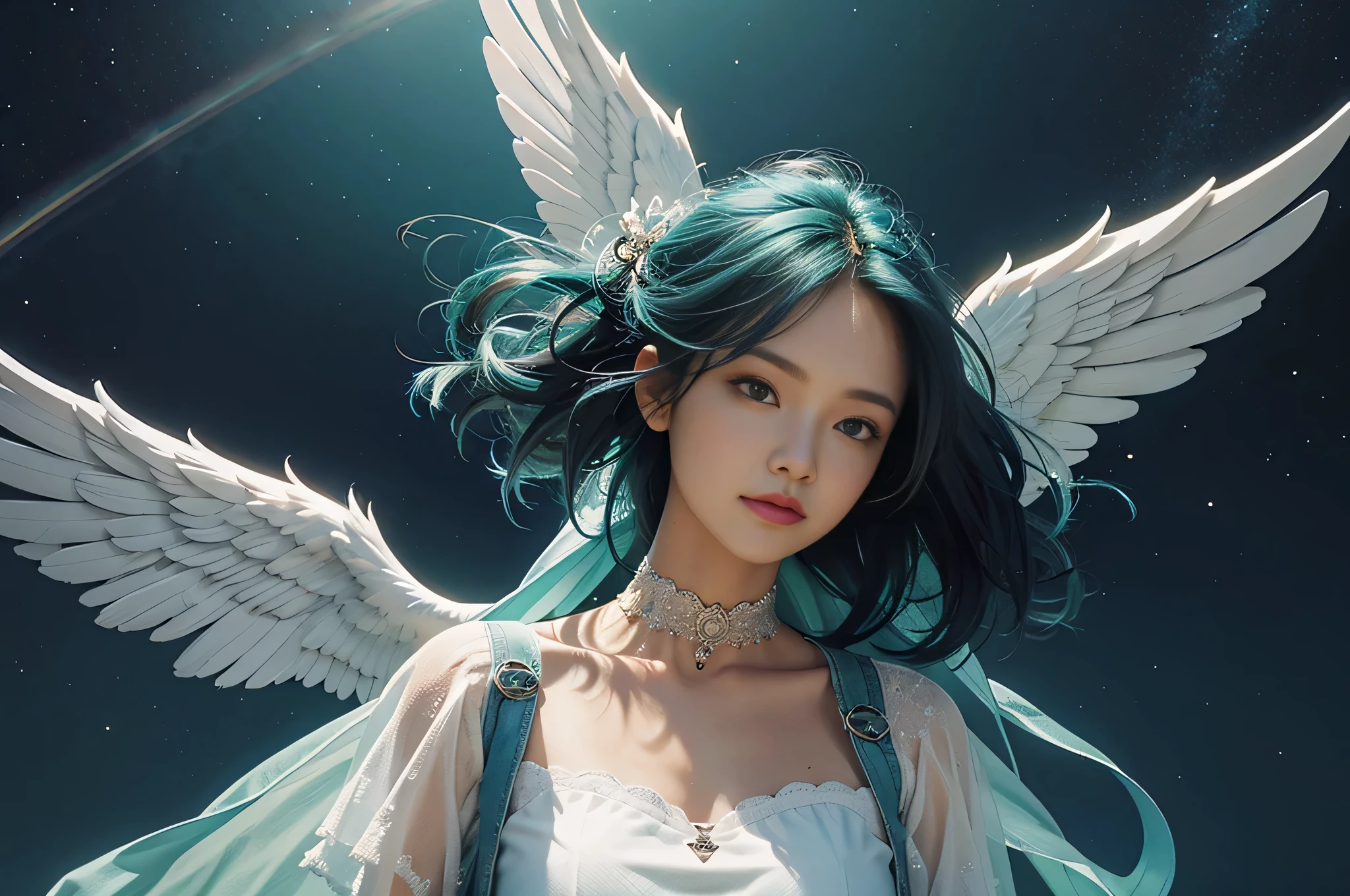 law of attraction, universe, blue sky, Green Hill, Sparkling, Angel, wing, happiness, rainbow aura, realistic, Super detailed, 