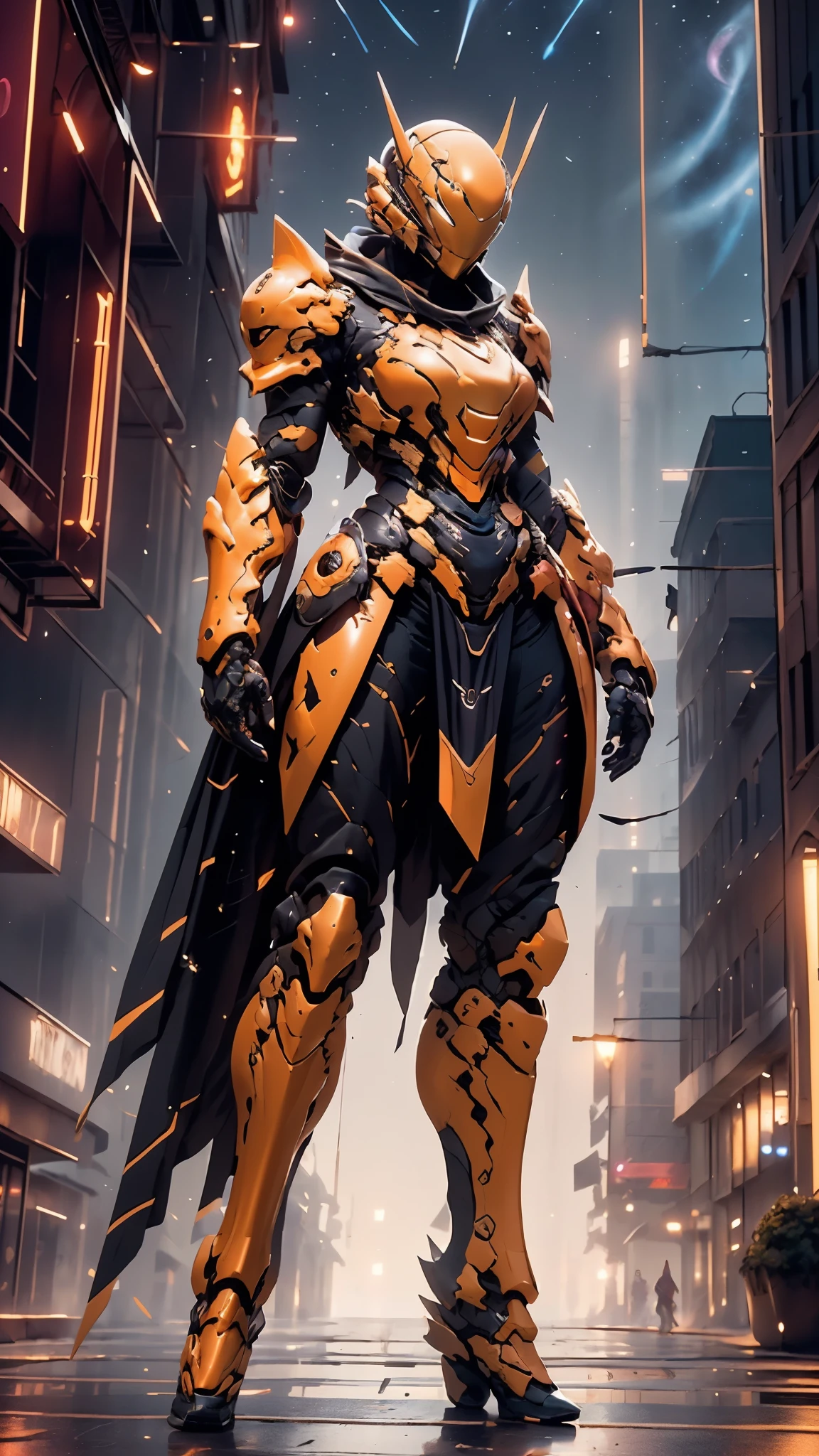 A woman adorned in fantasy-style full-body armor, a crown-concept fully enclosed helmet that unveils only her eyes, a composite layered chest plate, fully encompassing shoulder and hand guards, a lightweight waist armor, form-fitting shin guards, the overall design is heavy-duty yet flexible, ((the armor gleams with a golden glow, complemented by red and blue accents)), exhibiting a noble aura, she floats above a fantasy-surreal high-tech city, this character embodies a finely crafted fantasy-surreal style armored hero in anime style, exquisite and mature manga art style, (Queen bee mixed with Spider concept Armor, photorealistic:1.2, Real texture material:1.2), ((night sky, city night view, elegant, goddess, femminine:1.5)), Unreal Engine 5, metallic, high definition, best quality, highres, ultra-detailed, ultra-fine painting, extremely delicate, professional, anatomically correct, symmetrical face, extremely detailed eyes and face, high quality eyes, creativity, RAW photo, UHD, 32k, Natural light, cinematic lighting, masterpiece-anatomy-perfect, masterpiece:1.5