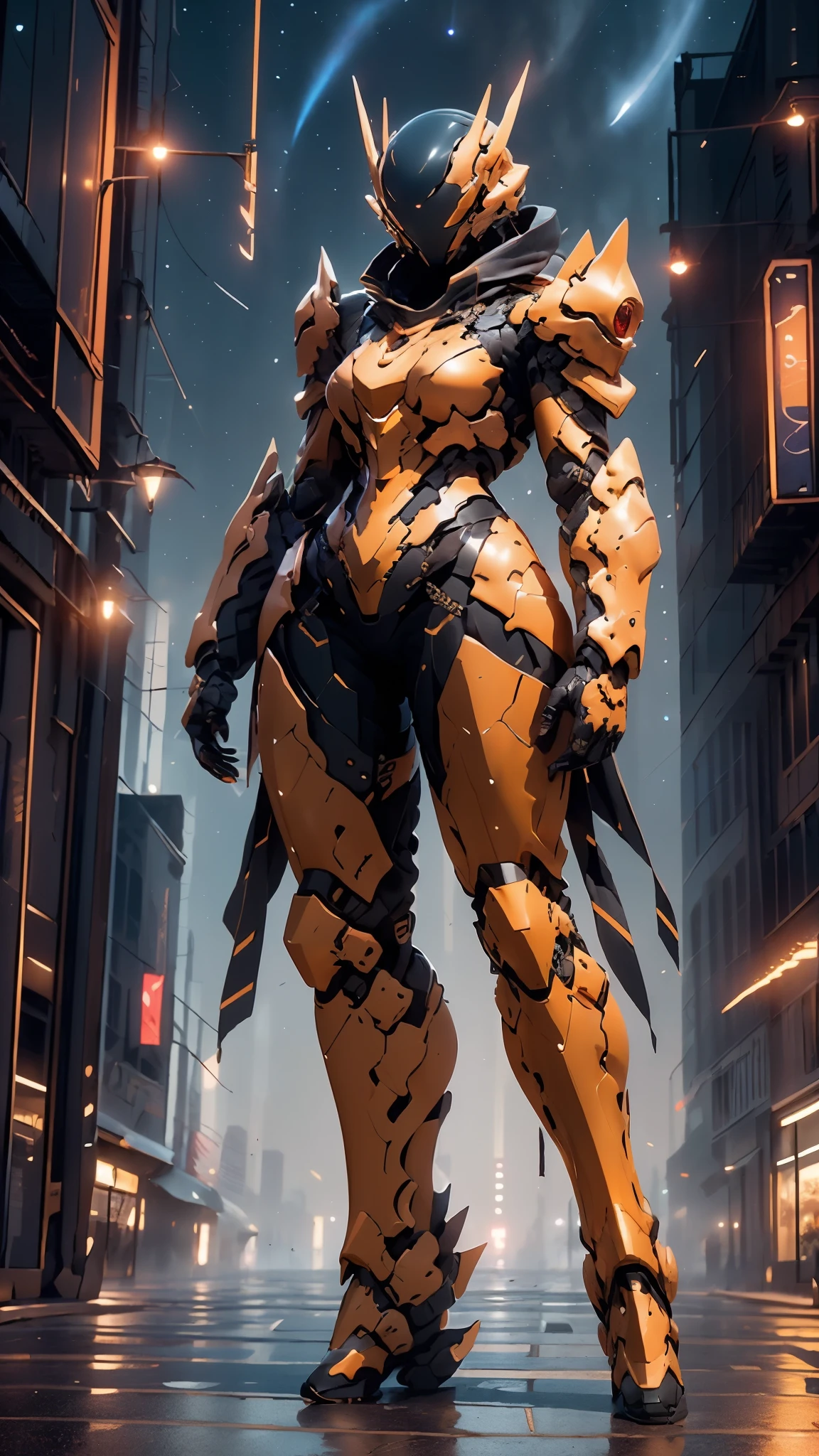 A woman adorned in fantasy-style full-body armor, a crown-concept fully enclosed helmet that unveils only her eyes, a composite layered chest plate, fully encompassing shoulder and hand guards, a lightweight waist armor, form-fitting shin guards, the overall design is heavy-duty yet flexible, ((the armor gleams with a golden glow, complemented by red and blue accents)), exhibiting a noble aura, she floats above a fantasy-surreal high-tech city, this character embodies a finely crafted fantasy-surreal style armored hero in anime style, exquisite and mature manga art style, (Queen bee mixed with Spider concept Armor, photorealistic:1.2, Real texture material:1.2), ((night sky, city night view, elegant, goddess, femminine:1.5)), Unreal Engine 5, metallic, high definition, best quality, highres, ultra-detailed, ultra-fine painting, extremely delicate, professional, anatomically correct, symmetrical face, extremely detailed eyes and face, high quality eyes, creativity, RAW photo, UHD, 32k, Natural light, cinematic lighting, masterpiece-anatomy-perfect, masterpiece:1.5