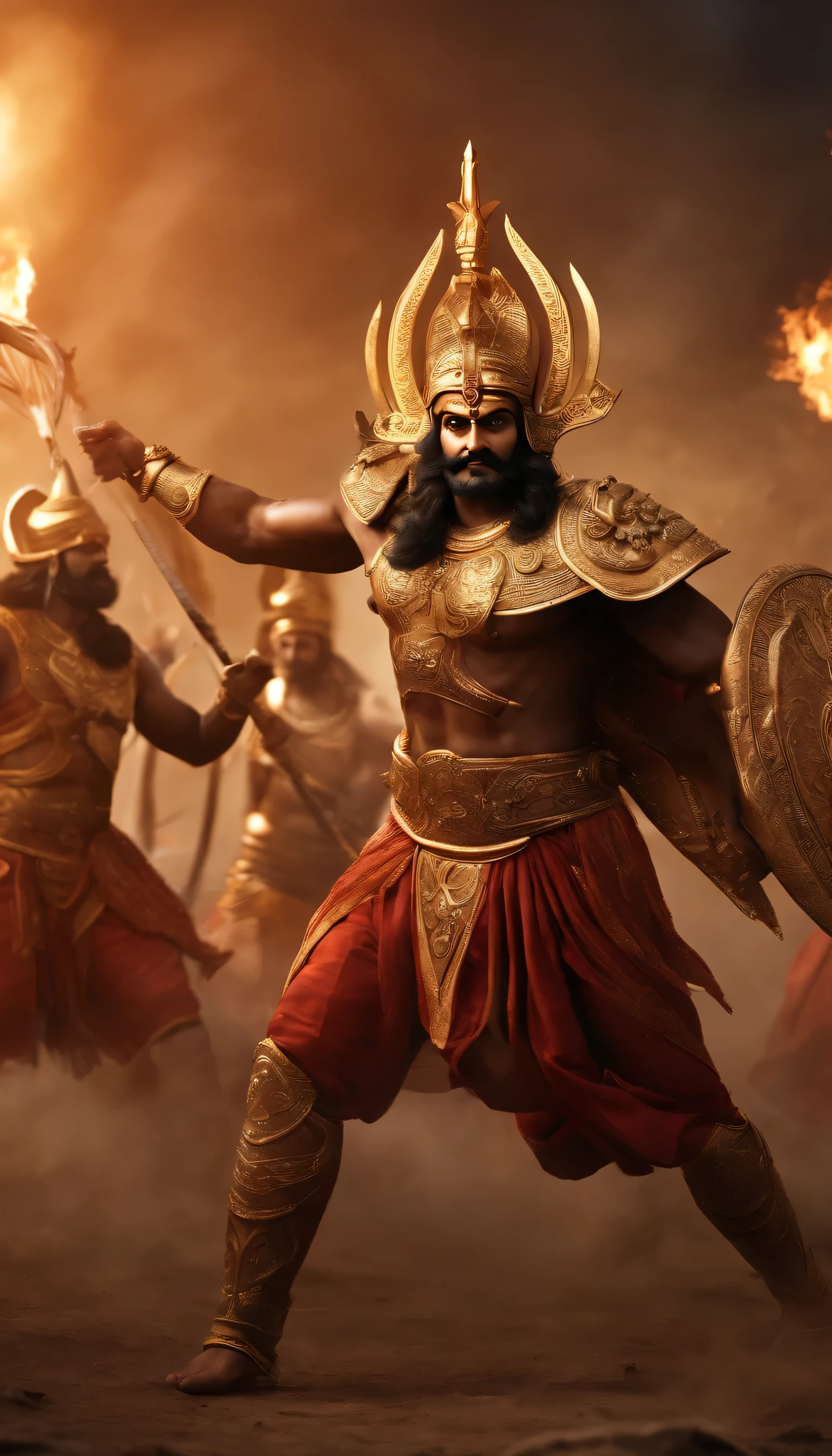 /imagine prompt: 3d animation, personality: [Create an epic battle scene between Lord Rama and Ravana on the battlefield of Lanka. Show the two warriors facing off amidst flying arrows and roaring armies. The intensity of the fight should be captured in the expressions of both Rama and Ravana, as they clash in a final showdown] unreal engine, hyper real --q 2 --v 5.2 --ar 16:9