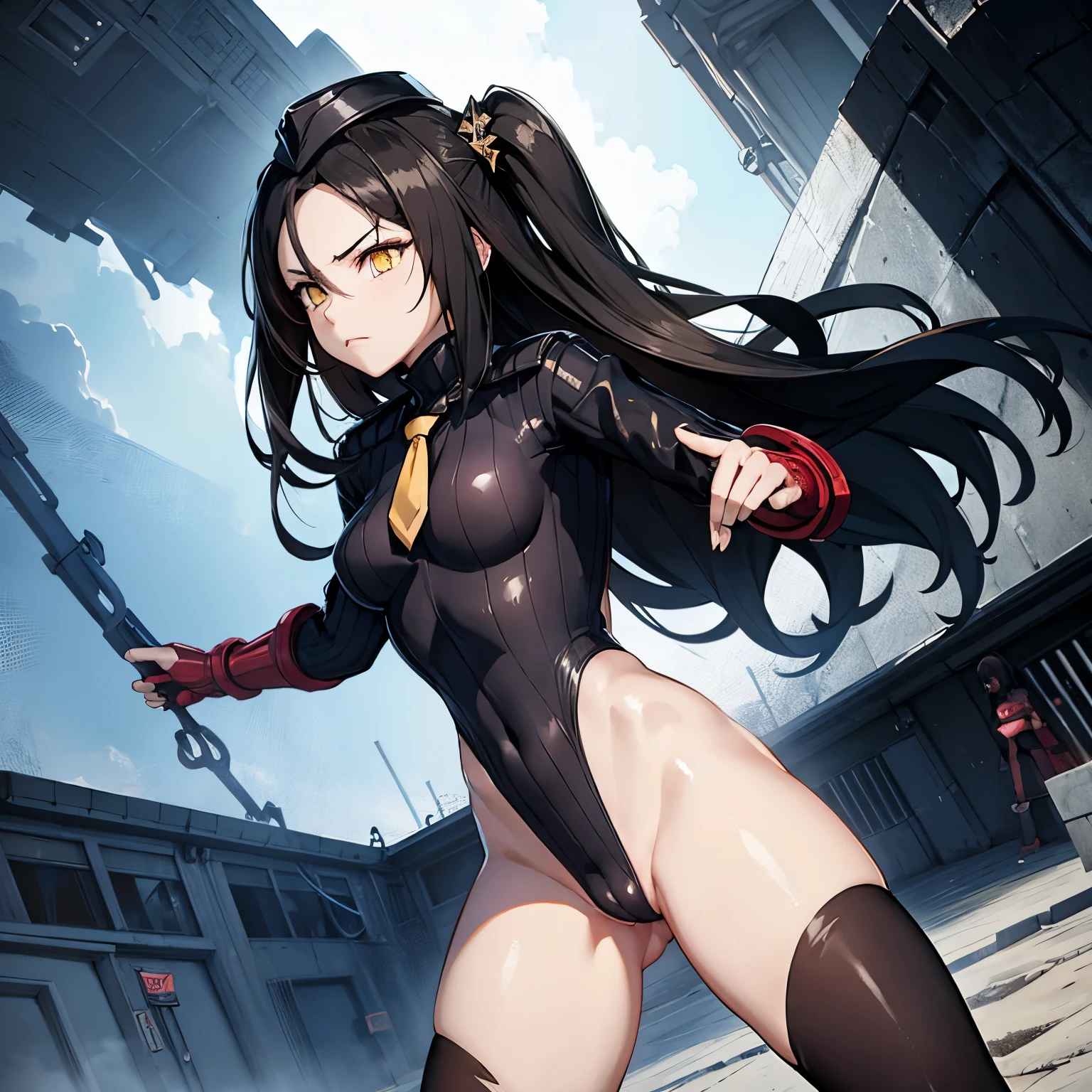 ultra-detailed, Explicit, Beautiful body, Beautiful Nose, Beautiful character design, perfect eyes, perfect face, ultra highres, 4K, beautiful legs, perfect legs, Nice hands, Perfect hand, Masterpiece, Best Quality, Highly detailed, illustration, absurdres, perfect anatomy, street fighter, doll suit, shadaloo doll, dollsuit, expressionless, blank eyes, looking at viewer, red gloves, emotionless, black latex, corrution, mind control, female combatant, full body, hypnotized, unhappy trance, full body suit, ribbed bodysuit, obey, perfect female body, extremely glossy latex, hypnosis, hypnoLora, empty eyes, Mind control device, poses, submissive_pose, Slave, standing straight, standing, standing at attention, hat, necktie, belt, latex, ribbed bodysuit, thighhighs, garter belt, Fighting Stance, extending the right arm from the shoulder into the air with a straightened hand, military, thigh boots, black pantyhose, (((pixel-perfect, detail-perfect))), solo, 1girl, hair ornaments, very long hair, black hair, hair ribbon, yellow eyes, Dreamer, Girls Frontline, small breast, crucifix, crucified posing,