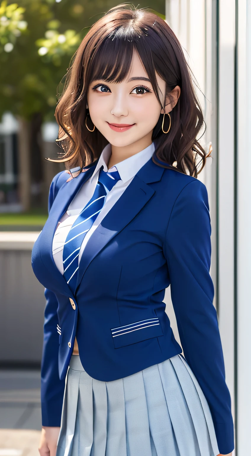 8K, highest quality, real image, intricate details, Super detailed, ultra high resolution, depth field,(realistic,realistic:1.2), (black eye), From the middle, 1 Girl Japan, very beautiful 17 year old girl, Big eyes, beautiful breasts:1.5、highly detailed eyes:1.2), (beautiful breasts:1.1), (small breasts:1.2), wavy hair、curly hair、bangs, perfect skin, Fair skin, huge hips, thick thighs, thick legs, cleavage, tight waist, light blush, alone, looking at the viewer, (smile:1.4), (School_uniform), (dark blue blazer), (white shirt、Wearing a tie), (gray pleated skirt), (sculpture installation :1.1)