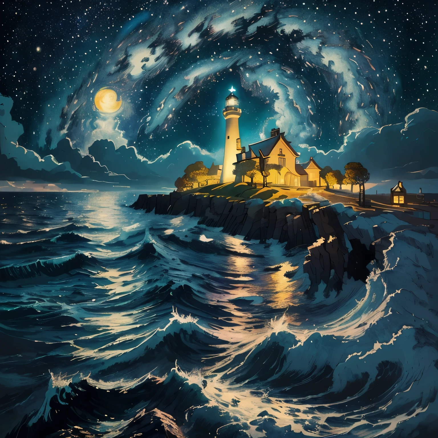 （romantic、Innocent、𝓡𝓸𝓶𝓪𝓷𝓽𝓲𝓬、adventure、Bold、Travel Elements、Tyndall effect）,(masterpiece:1.5),(best quality:1.5),(Super detailed:1.3),(illustration:1.2),(8k wallpaper:1.2),(best quality:1.2),(Very detailed:1.2),(Foreshortening),(photorealism),(photorealismistic),(Unreal Engine),(high resolution:1.2),(painting:1.05),(cross hatch)(best quality:1.1),(surreal:1.1),(extremely fine,beautiful),, panoramic, lighthouse and waves，Tyndall effect，night，moonlight，meteor shower，（van gogh starry night style）Van Gogh's starry sky