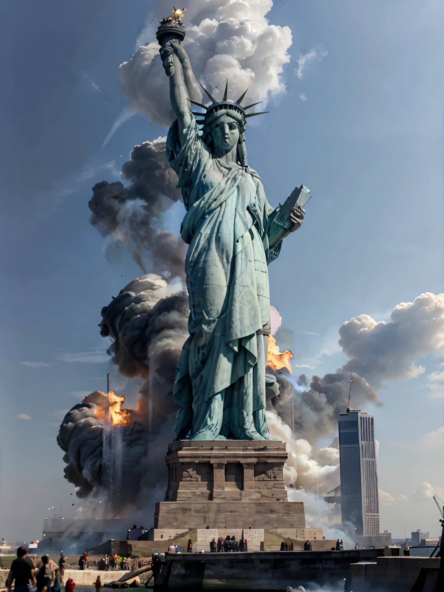 lady-liberty, front view, a statue of liberty is shown against a cloudy blue sky. ((lady-liberty in flames)). ((lady-liberty burns)). clouds, broken arms, basement of stones demolished in flames, water, Liberty Island, trees in fire, burning around, smoke, fog, dramatic landscape of burning skyscrapers