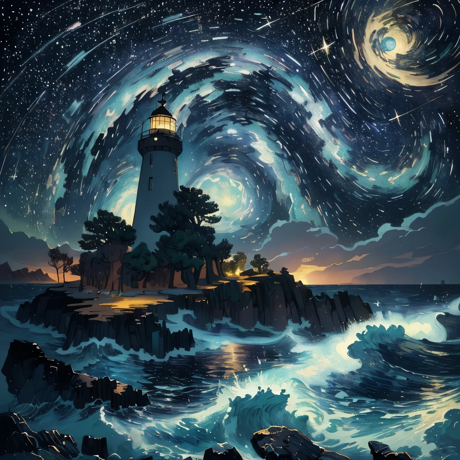 （romantic、Innocent、𝓡𝓸𝓶𝓪𝓷𝓽𝓲𝓬、adventure、Bold、Travel Elements、Tyndall effect）,(masterpiece:1.5),(best quality:1.5),(Super detailed:1.3),(illustration:1.2),(8k wallpaper:1.2),(best quality:1.2),(Very detailed:1.2),(Foreshortening),(photorealism),(photorealismistic),(Unreal Engine),(high resolution:1.2),(painting:1.05),(cross hatch)(best quality:1.1),(surreal:1.1),(extremely fine,beautiful),, panoramic, lighthouse and waves，Tyndall effect，night，moonlight，meteor shower，（van gogh starry night style）Van Gogh's starry sky