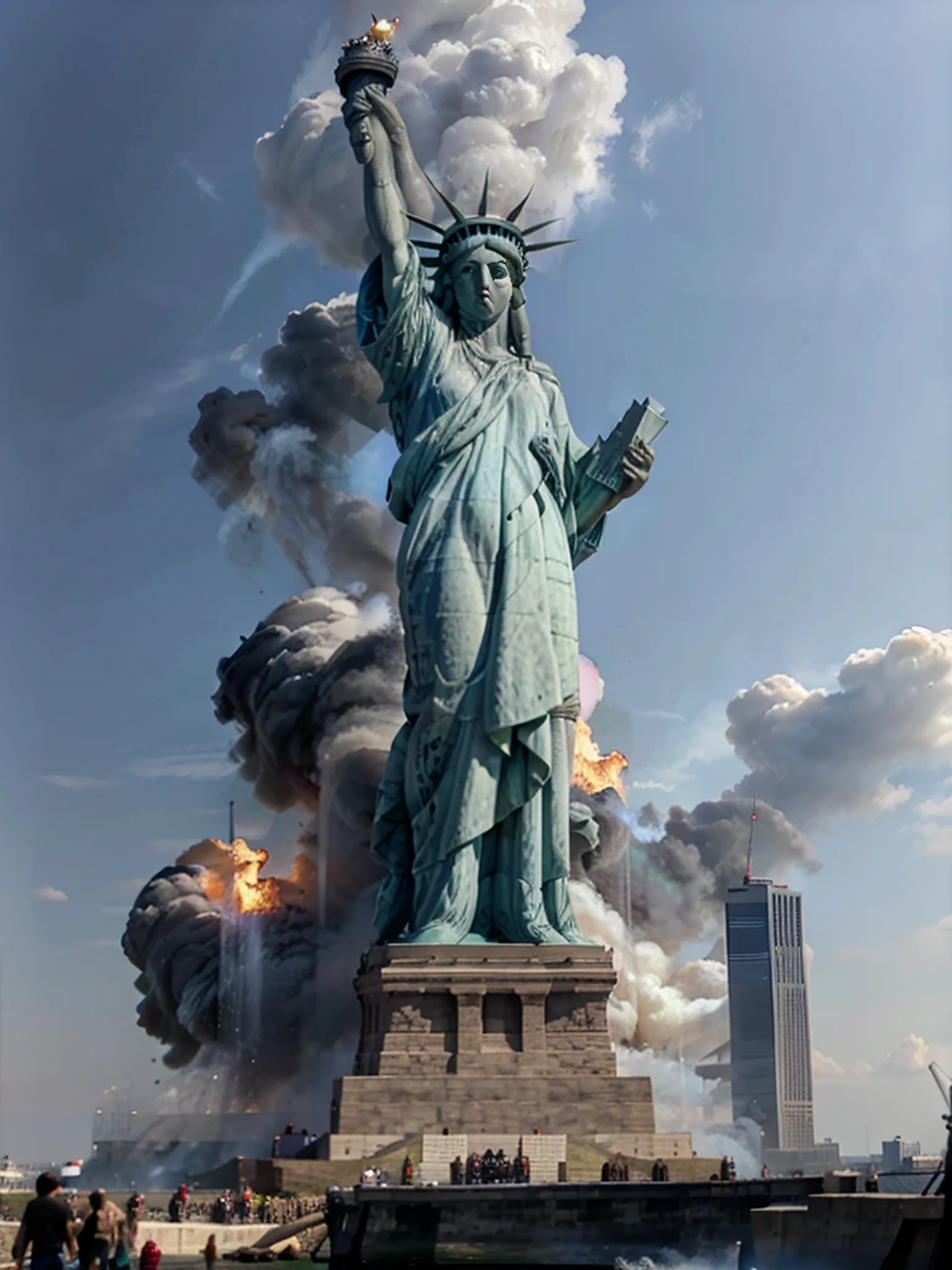 lady-liberty, front view, a statue of liberty is shown against a cloudy blue sky. ((lady-liberty in flames)). ((lady-liberty burns)). clouds, broken arms, basement of stones demolished in flames, water, Liberty Island, trees in fire, burning around, smoke, fog, dramatic landscape of burning skyscrapers