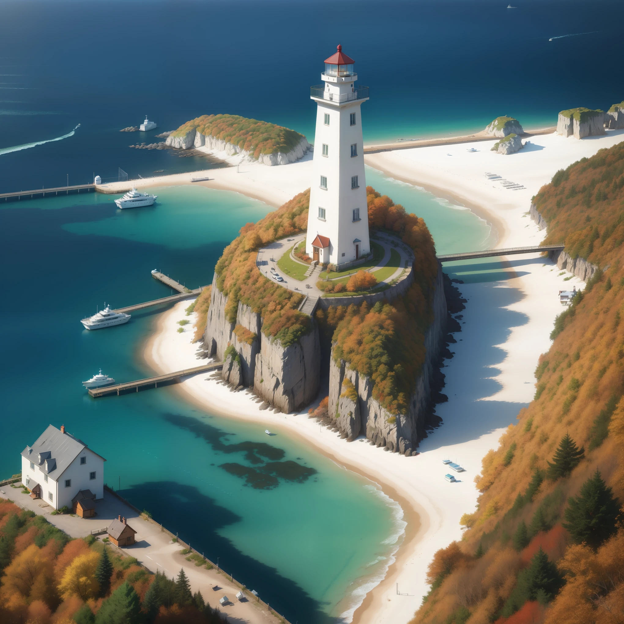 (from above:1.5), (seaside,autumn,:1.2), Wide sea,horizon, There is a small lighthouse on the small bridge, no people,nobody, very detailed, light particle effect, excellent work, extremely elaborate picture description,8k wallpaper, obvious light and shadow effects, ray tracing, obvious layers, depth of field, best quality,