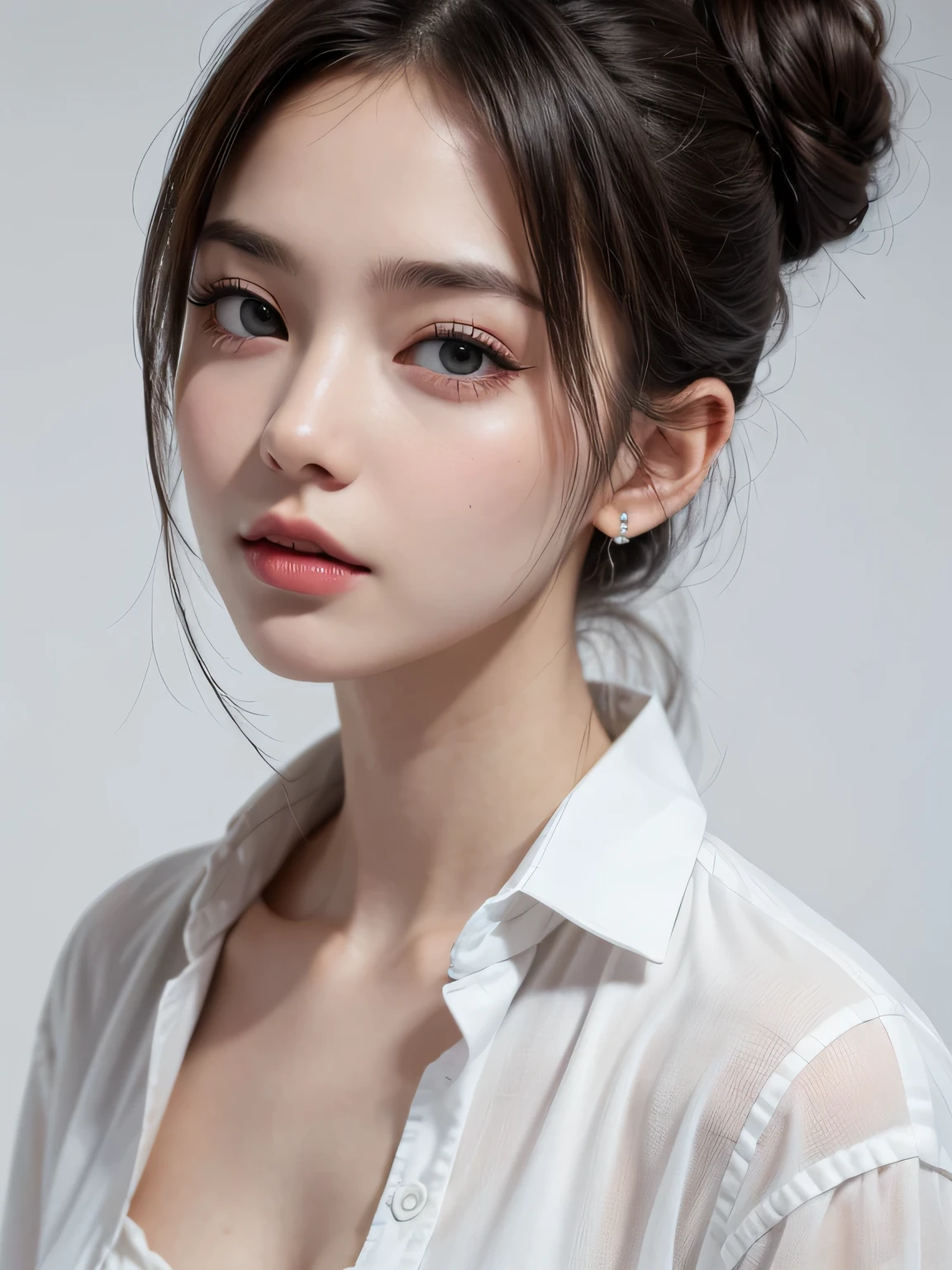 (8k, highest quality, High resolution, RAW photo, masterpiece :1.3), beautiful and stylish adult woman, long face, ((pure white background)), (oversized flannel shirt), ((Accurately express details such as faces and skin textures)), bun hair, take a pose, earrings, chest,