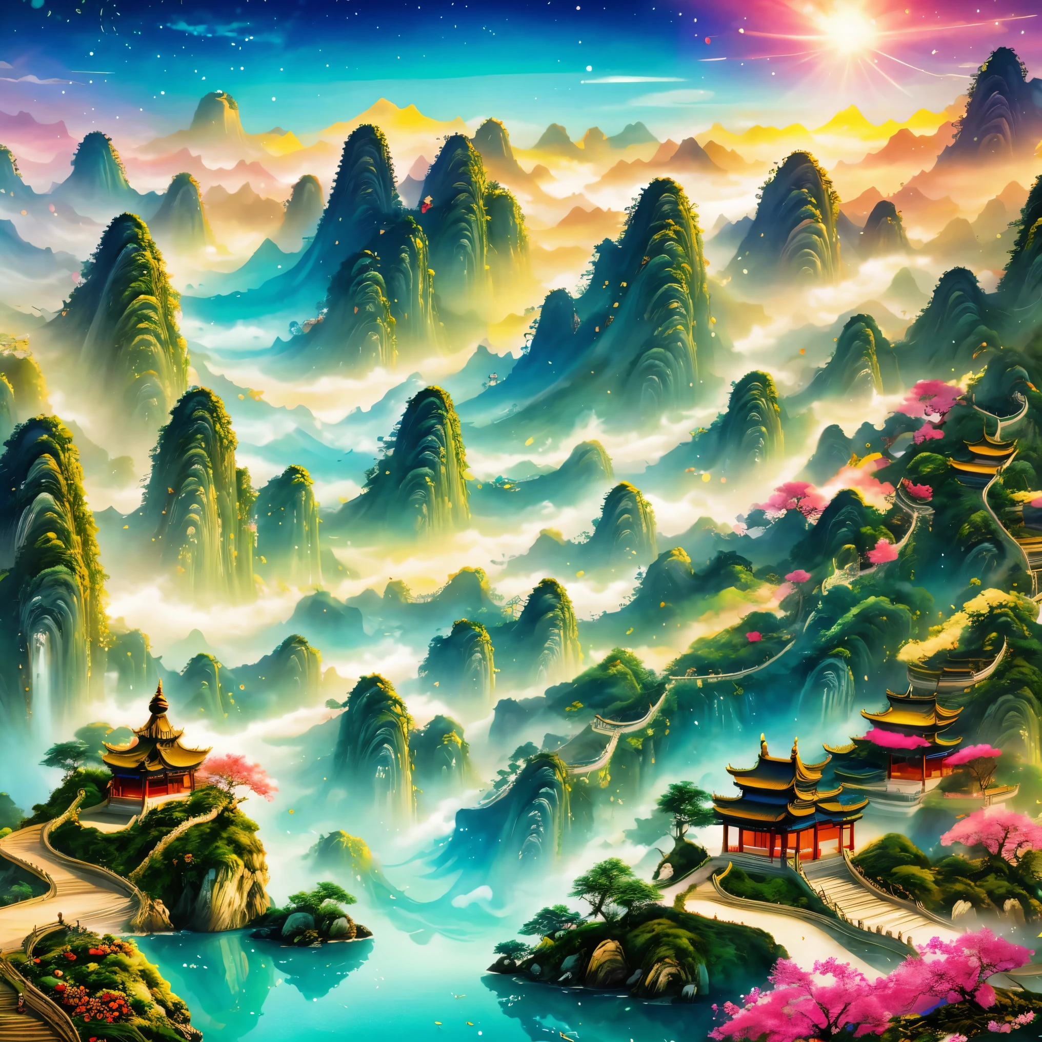 super detailed，Chinese ink style，Chinese Dream Landscape，Fairy tale world, fairyland paradise, big tree, Golden beam, fantasy creatures, Fairy, unicorn, Talking animals, Sweet floral aroma, sweet birdsong, mottled shadow, little girl in white robe, magic wand, Colorful light spots, Far away magical country, imagination, secret, adventure，magical atmosphere，happy and peaceful scene，Surreal and ethereal colors，otherworldly environment，Hazy and mysterious atmosphere，Amazing natural wonders，Grandeur and sense of scale