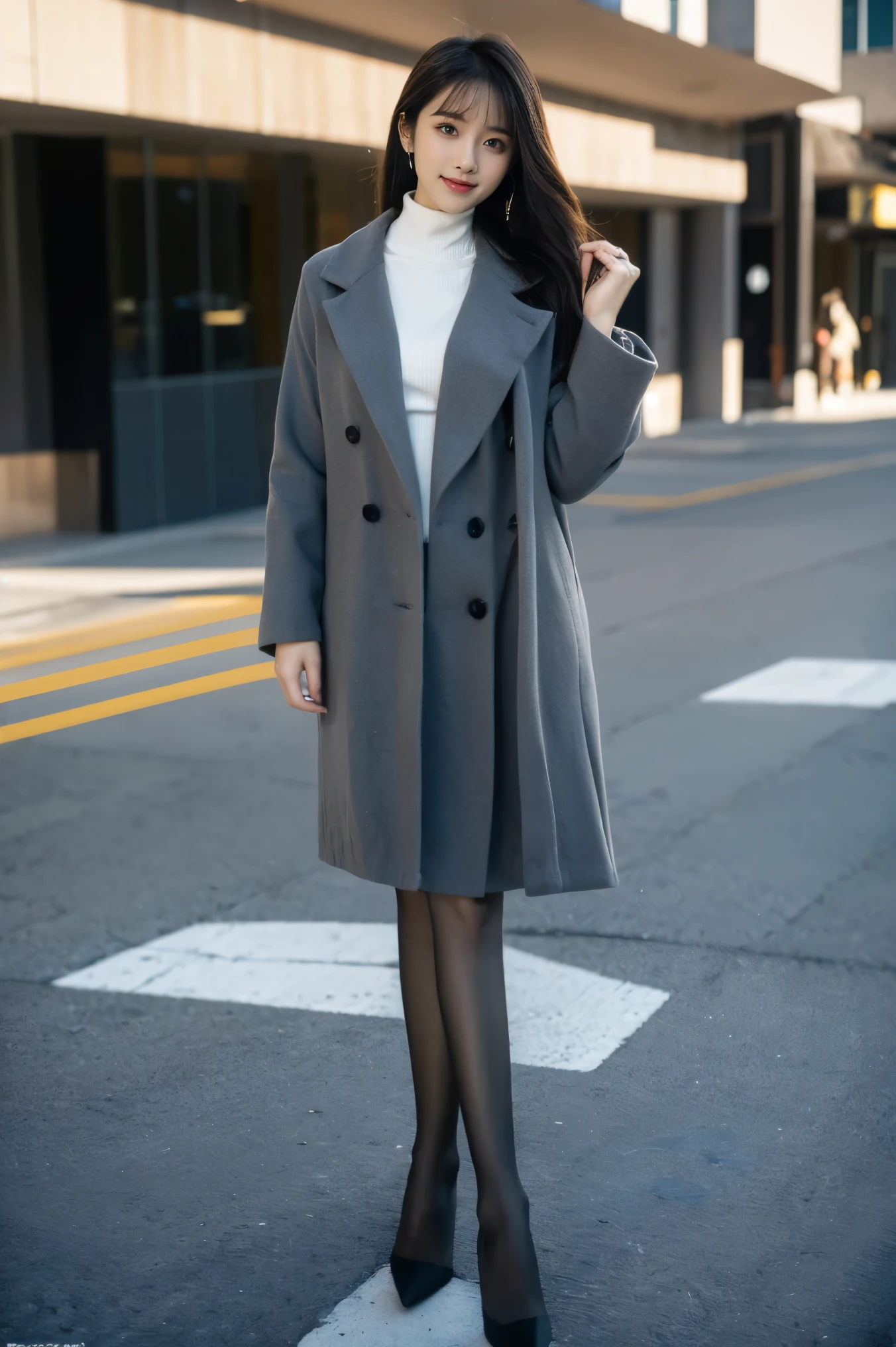 photorealistic,
1girl,(grey Double Breasted A Line Coat:1.3),mock neck,
(black high heels),
parted bangs, standing at attention, pantyhose,
looking at viewer, light smile,full body,
