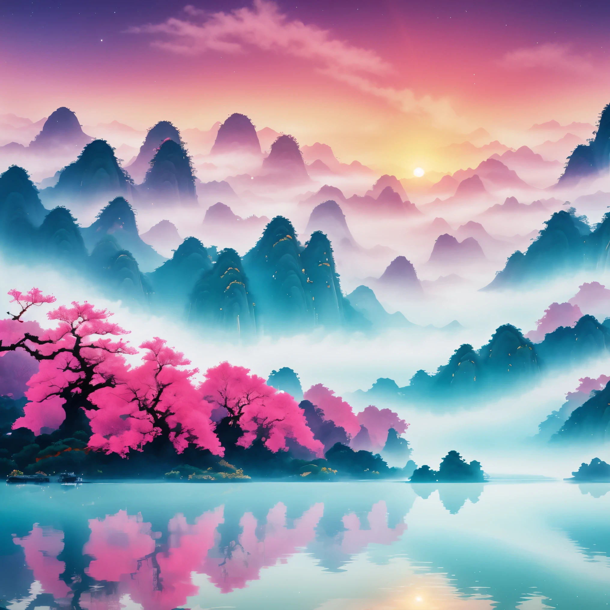 ((masterpiece))，((best quality))，((high definition))，Chinese ink style，Chinese dream landscape，Close-up view，mist，Dense fog，lake and waves，Tree，snow mountain，reflection，Minimalism，Zen aesthetics，Zen composition，Chinese landscape painting，4k，((Super sharp:1.4))，clear background，John Pawson，backlight，Tyndall effect，flying birds，sparkling lake water，pink octane render sci-fi，new moon，Red sky，gradient background，magical atmosphere，happy and peaceful scene，Surreal and ethereal colors，otherworldly environment，Hazy and mysterious atmosphere，Amazing natural wonders，Grandeur and sense of scale