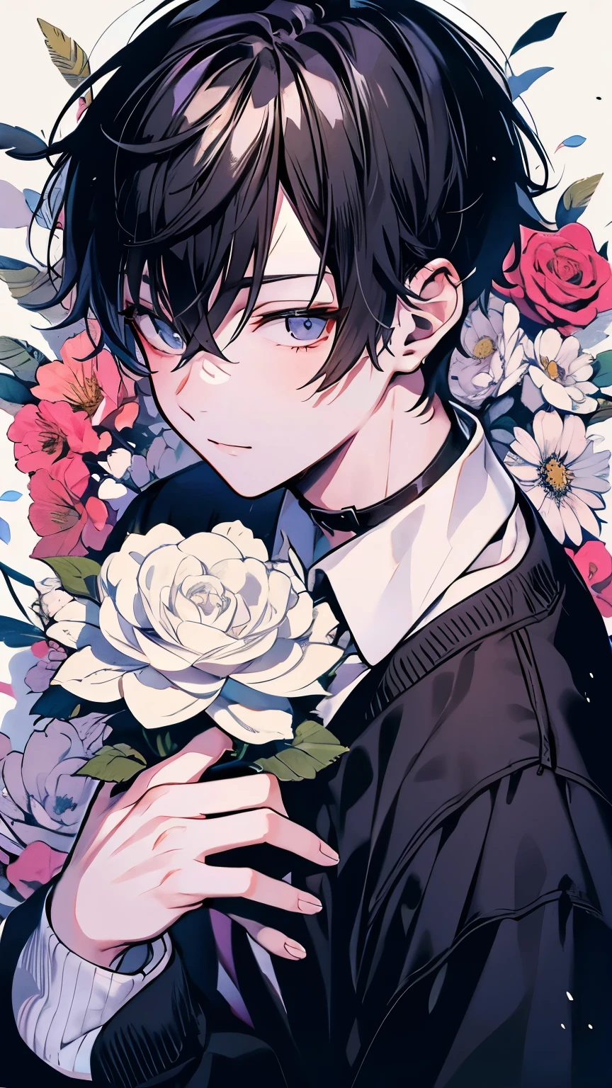 very detailed, ((two friendly men)), perfect face, beautiful face, very detailed顔,(black haired man:1.3),(white haired man:1.3),Ruffled shirt,smile,flower