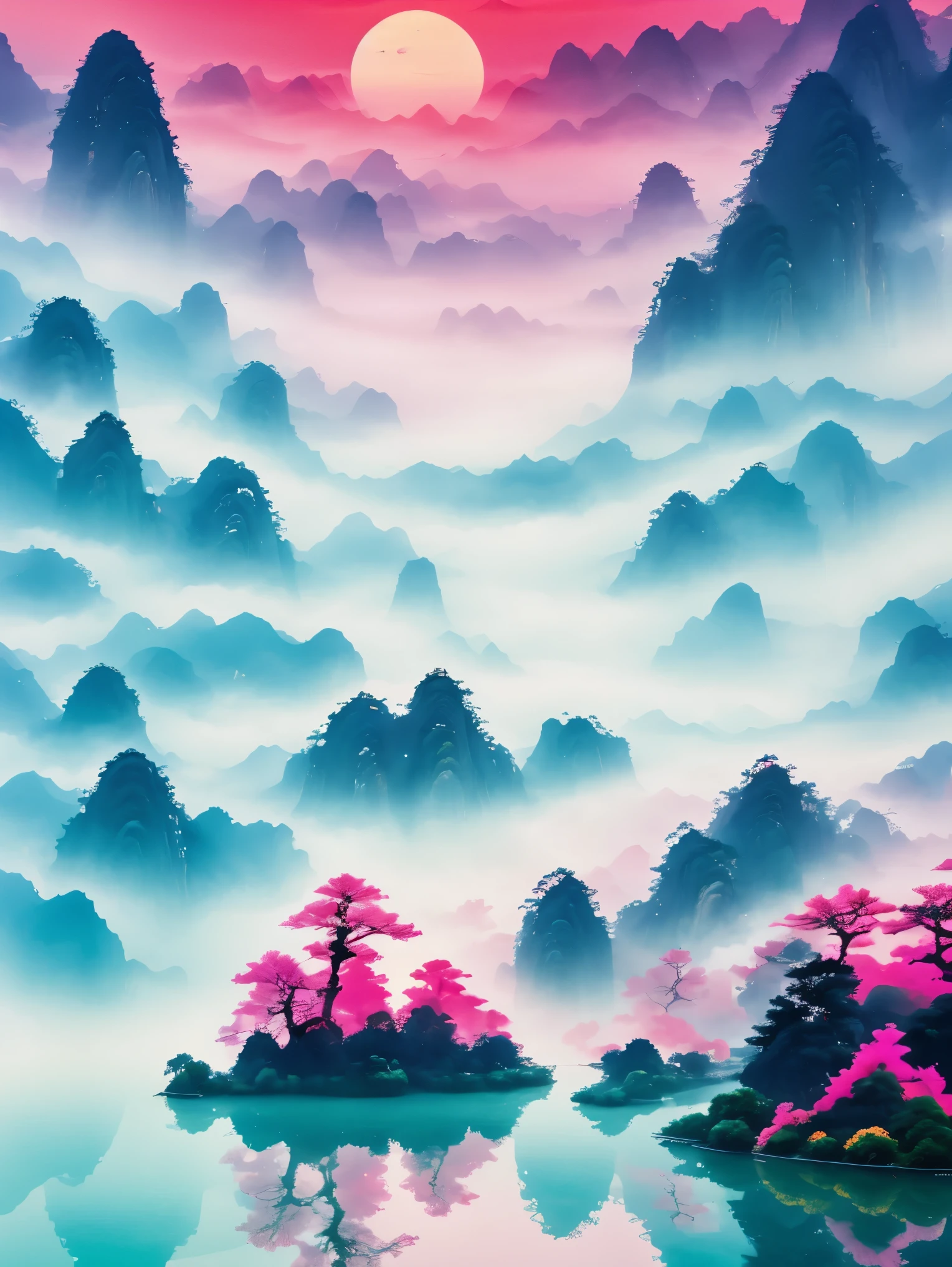 ((masterpiece))，((best quality))，((high definition))，Chinese ink style，Chinese dream landscape，Close-up view，mist，Dense fog，lake and waves，Tree，snow mountain，reflection，Minimalism，Zen aesthetics，Zen composition，Chinese landscape painting，4k，((Super sharp:1.4))，clear background，John Pawson，backlight，Tyndall effect，flying birds，sparkling lake water，pink octane render sci-fi，new moon，Red sky，gradient background，magical atmosphere，happy and peaceful scene，Surreal and ethereal colors，otherworldly environment，Hazy and mysterious atmosphere，Amazing natural wonders，Grandeur and sense of scale