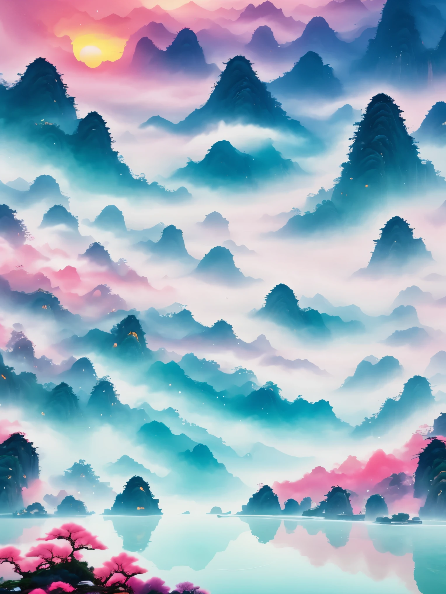 ((masterpiece))，((best quality))，((high definition))，Chinese ink style，Chinese dream landscape，Close-up view，mist，Dense fog，lake and waves，Tree，snow mountain，reflection，Minimalism，Zen aesthetics，Zen composition，Chinese landscape painting，4k，((Super sharp:1.4))，clear background，John Pawson，backlight，Tyndall effect，flying birds，sparkling lake water，pink octane render sci-fi，new moon，Red sky，gradient background，magical atmosphere，happy and peaceful scene，Surreal and ethereal colors，otherworldly environment，Hazy and mysterious atmosphere，Amazing natural wonders，Grandeur and sense of scale