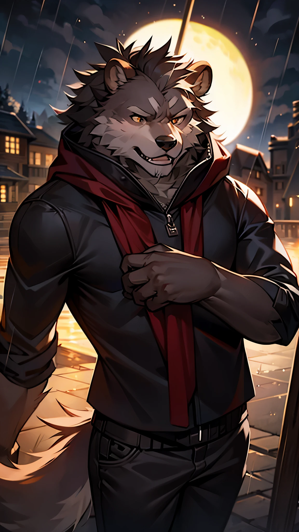 （best quality:1.3），（4k），（masterpiece:1.3），Beast Tai，grizzly bear（1.3），rain，Hold an umbrella，dark，dark clouds