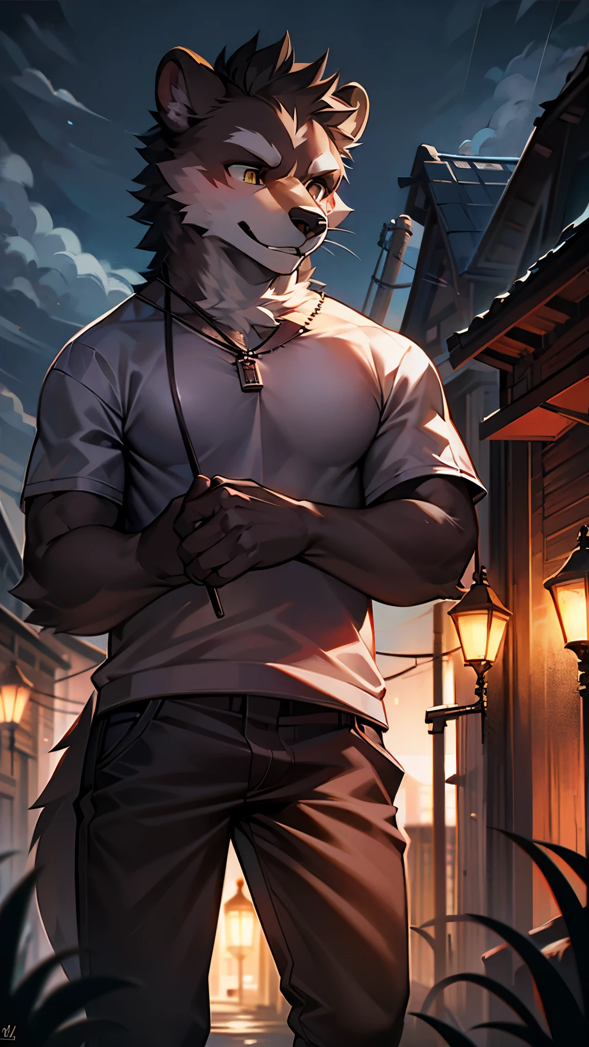 (best quality:1.3),(4k),(masterpiece:1.3),Beast Tai,grizzly bear(1.3),rain,Hold an umbrella,dark,dark clouds