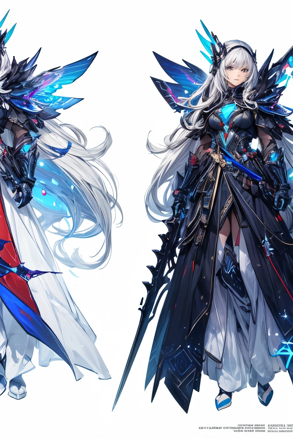 (Character Design Sheet), Multiple angle, masterpiece, best quality, 1girl, photo of a red hooded woman, blue eyes, beautiful face, long wavy blue hair, biomechanical android with translucent armor, fantasy illustration, perfect face, intricate details, white background,