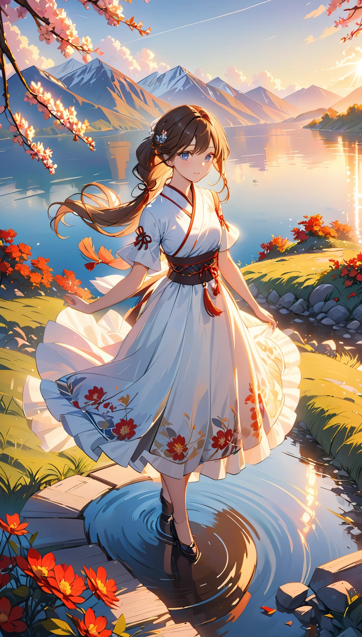1 girl, Calm expression, charming eyes, Long straight hair, flowing skirt, poised posture, porcelain skin, subtle blush, Crystal PendantBREAK Golden Hour, (edge lighting):1.2, Warm colors, solar flare, Soft shadows, bright colors, Effect, Dreamy atmosphereBREAK Scenic lake, distant mountains, willow, calm water, reflection, clouds illuminated by sunlight, Peaceful atmosphere, idyllic sunset, Super detailed, official art, unified 8k wallpaper
, tangled, mandala
