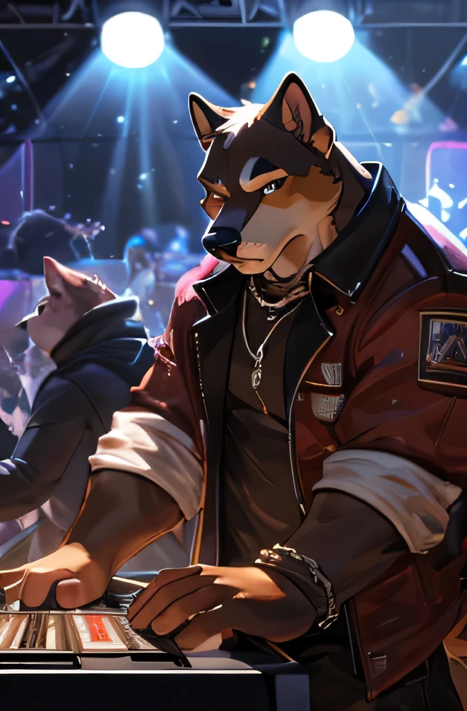  In a lit underground nightclub, un shiba inu fier et agressif avec une carrure musclée est au centre de l&#39;attention. The chain around his neck adds to his imposing presence. Avec un casque DJ et une console de mixage, he commands the club&#39;s music scene. Danser sur le fond vibrant de la piste de danse, il montre ses compétences dans un club de danse underground. L&#39;image est de qualité supérieure et la texture de la peau du Pitbull est complexe