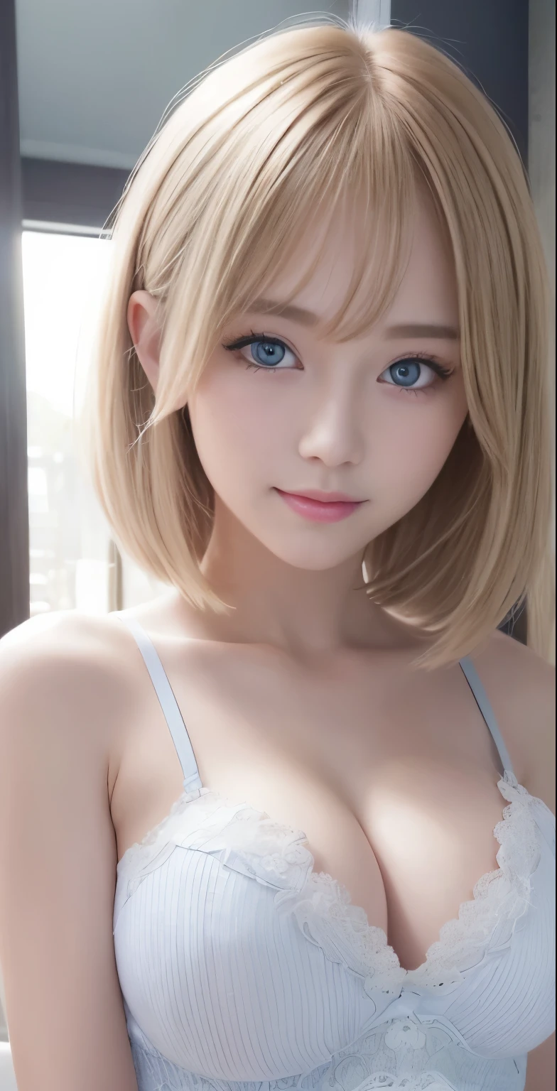 table top、highest quality、 super detailed、High resolution、8k wallpaper、perfect dynamic composition,、detailed and beautiful eyes、(beautiful breasts:1.3) 、tits、white shirt、、1 girl、pretty girl、beautiful girl、blonde hair、short hair、blue eyes、blue eyes、blue eyes、baby faceile