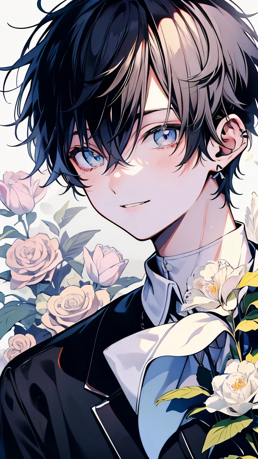 very detailed, ((two friendly men)), perfect face, beautiful face, very detailed顔,(black haired man:1.3),(white haired man:1.3),Ruffled shirt,smile,flower