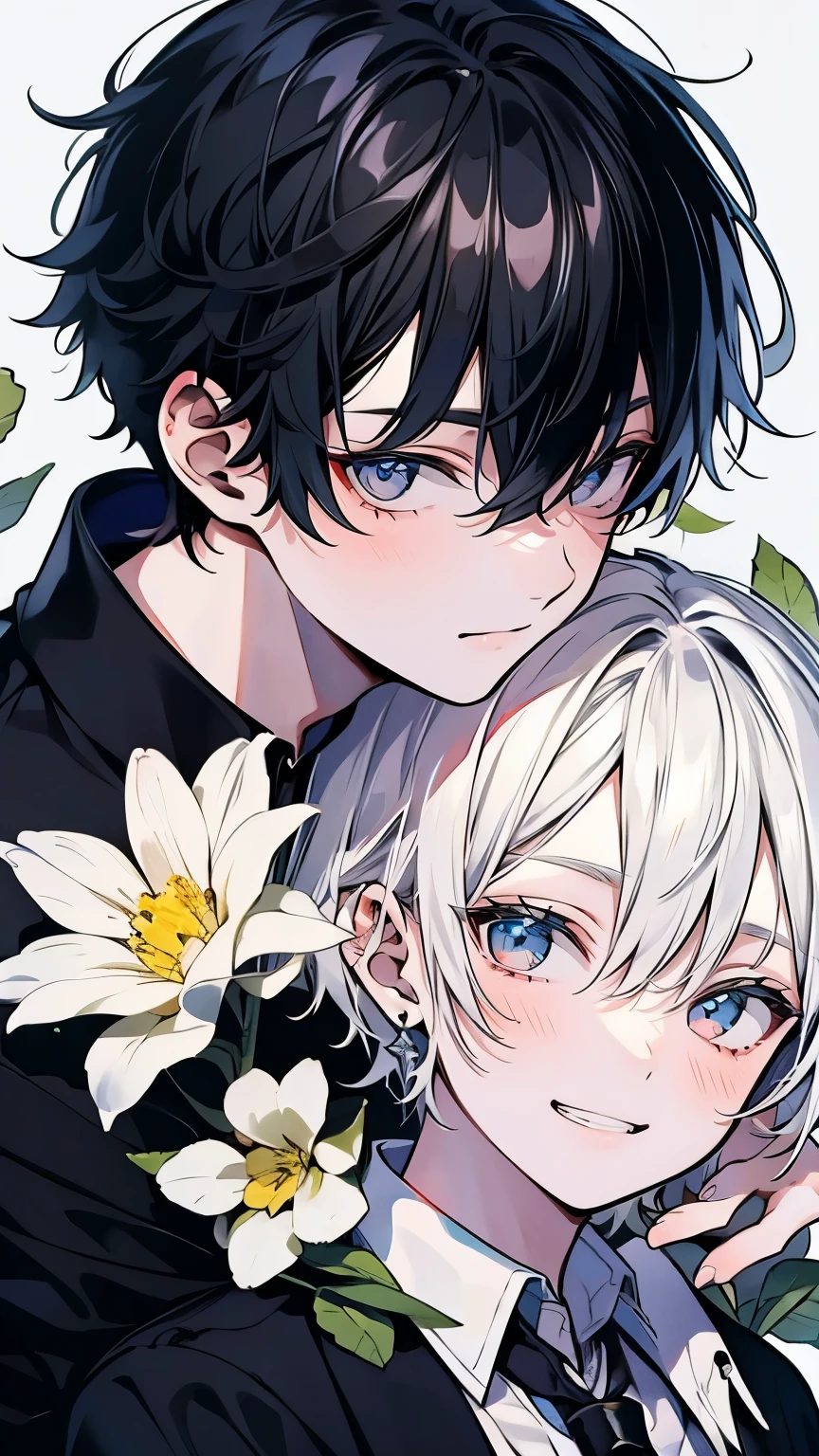 very detailed, ((two friendly men)), perfect face, beautiful face, very detailed顔，(black haired man:1.3)，(white haired man:1.3)，Ruffled shirt，smile，flower