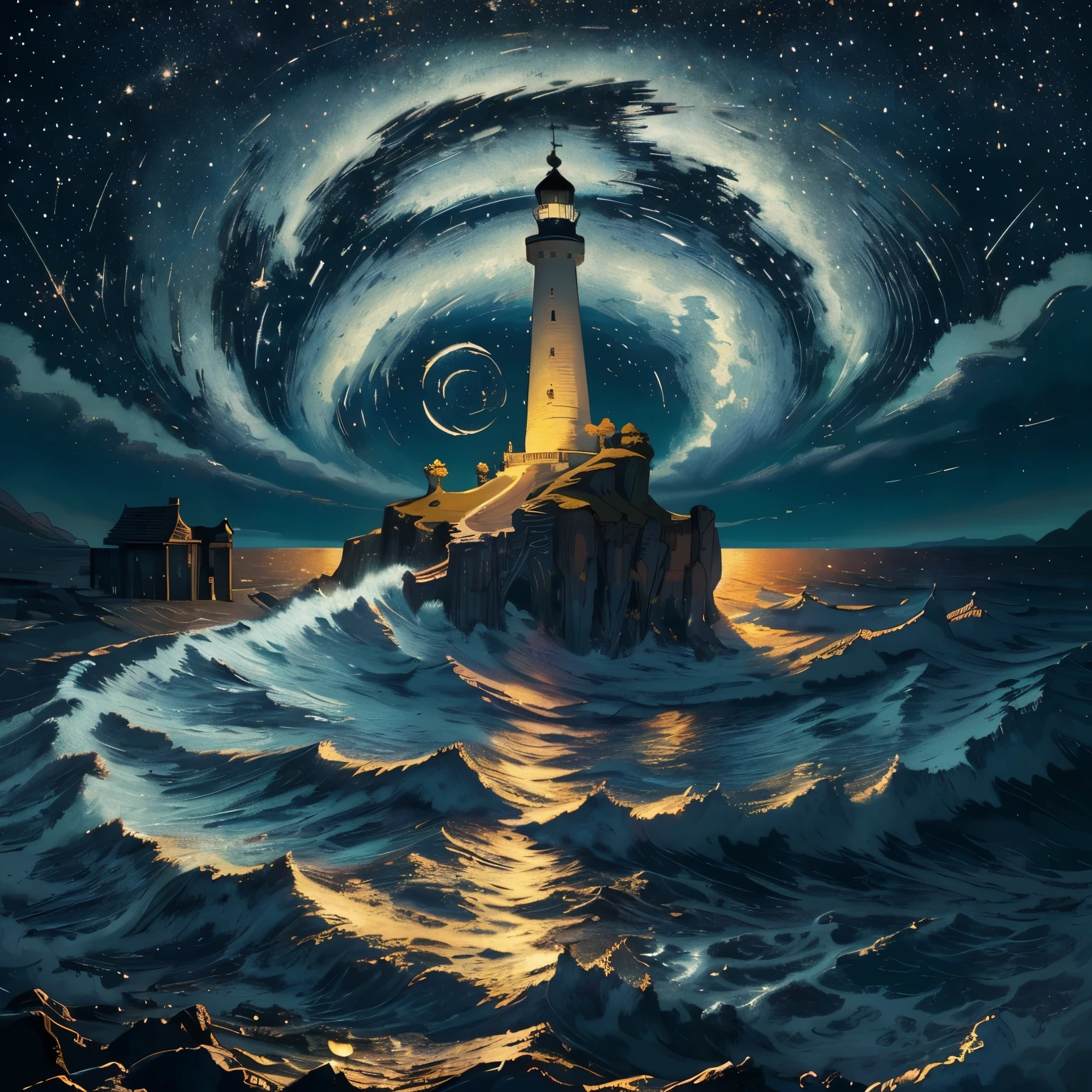 (romantic、Innocent、𝓡𝓸𝓶𝓪𝓷𝓽𝓲𝓬、adventure、Bold、Travel Elements、Tyndall effect),(masterpiece:1.5),(best quality:1.5),(Super detailed:1.3),(illustration:1.2),(8k wallpaper:1.2),(best quality:1.2),(Very detailed:1.2),(Foreshortening),(photorealism),(photorealismistic),(Unreal Engine),(high resolution:1.2),(painting:1.05),(cross hatch)(best quality:1.1),(surreal:1.1),(extremely fine,beautiful),, panoramic, lighthouse and waves,Tyndall effect,night,moonlight,meteor shower,(van gogh starry night style)Van Gogh's starry sky