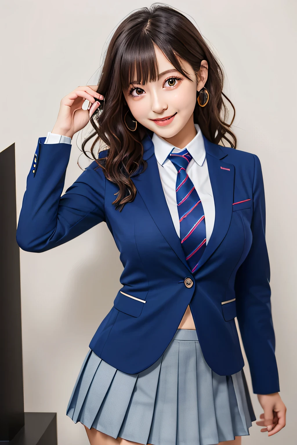 8k, highest quality, real image, intricate details, Super detailed, ultra high resolution, depth field,(realistic,realistic:1.2), (small eyes:1.2), from the middle, 1 Japanese girl, very beautiful 17 year old girl, Big eyes, beautiful breasts:1.5、highly detailed eyes:1.2), (beautiful breasts:1.1), (small breasts), wavy hair、curly hair、bangs, perfect skin, Fair skin, huge hips, thick thighs, thick legs, tight waist, light blush, alone, looking at the viewer, (smile:1.1), ((School_uniform),(dark blue blazer), (white shirt、wear a tie), (gray pleated skirt), (sculpture installation :1.1)
