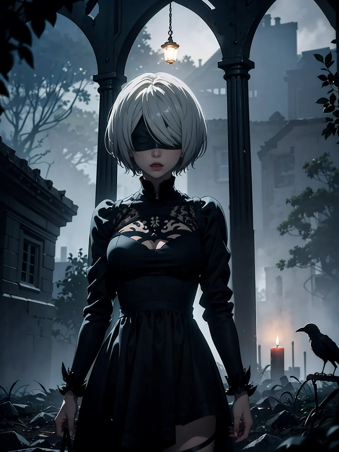 ((1girl, solo ,alone, (2B, 1girl, solo, short hair,((serious expression, austere)), long sleeves, medium breasts, standing, white hair, hairband, short hair, mole, blindfold, black blindfold, masterpiece))), ((close, solo, 1woman, pink lipstick, Extremely detailed, ambient soft lighting, 4k, perfect, a perfect face, perfect lighting, a 1girl)), (shy, highest quality, masterpiece:1.2), High-definition RAW color photo, Professional, cinematic light, gothic aesthetics, horror, eerie atmosphere, dark shadow, unforgettably beautiful, creepy landscape, gothic architecture, eerie atmosphere, decaying ruins, foggy fog, dramatic lighting, dark color, creepy details, (creepy and beautiful woman, Flowing Black Dress, ghost-like presence, gothic fashion, lace and velvet, skin, dark red dress and vclack), eerie storm clouds, Moonlight night, supernatural being, eerie shadow, gothic charm, romantic rose in a dark corner, Bright red roses, creeping vine, dripping candle, Secret Whispers、delicate carvings, Ancient curses, thunder and lightning, creepy fog and crows, medieval atmosphere, spiderweb, gorgeous chandelier、Gargoyle - decorated roof, bleeding statue, sublime beauty, gothic aesthetic