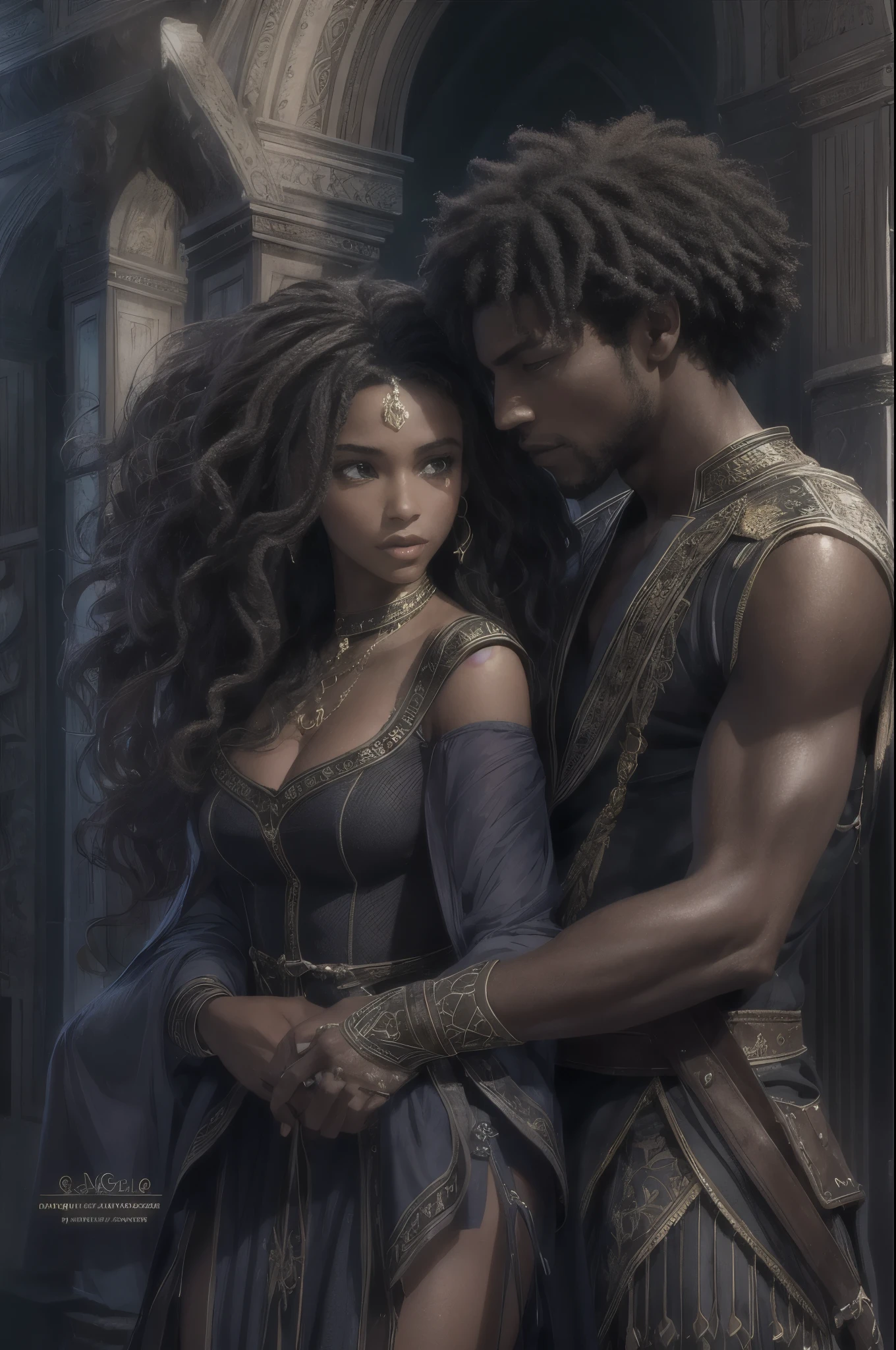 Je veux que tu me fasses une couverture pour un roman Fantasy romance, ces deux personnages sont noirs de peau, dark skin, ils ont 17 ans, ils sont des ennemis, ils veulent s'entretuer, surtout lui, elle, she mainly defends herself but her goal is to save him at all costs too. Le garçon est dark skin, with curly mid-length hair, the girl has long curly hair. They are very beautiful.
extrêmement realistic, coverbook, 8K, realistic.HD, 4K, HD, De vrais visages, Cinematography L&#39;image doit avoir un rapport hauteur/largeur de 1:1.6, et mesurez au moins 2,500 pixels on the longest side.