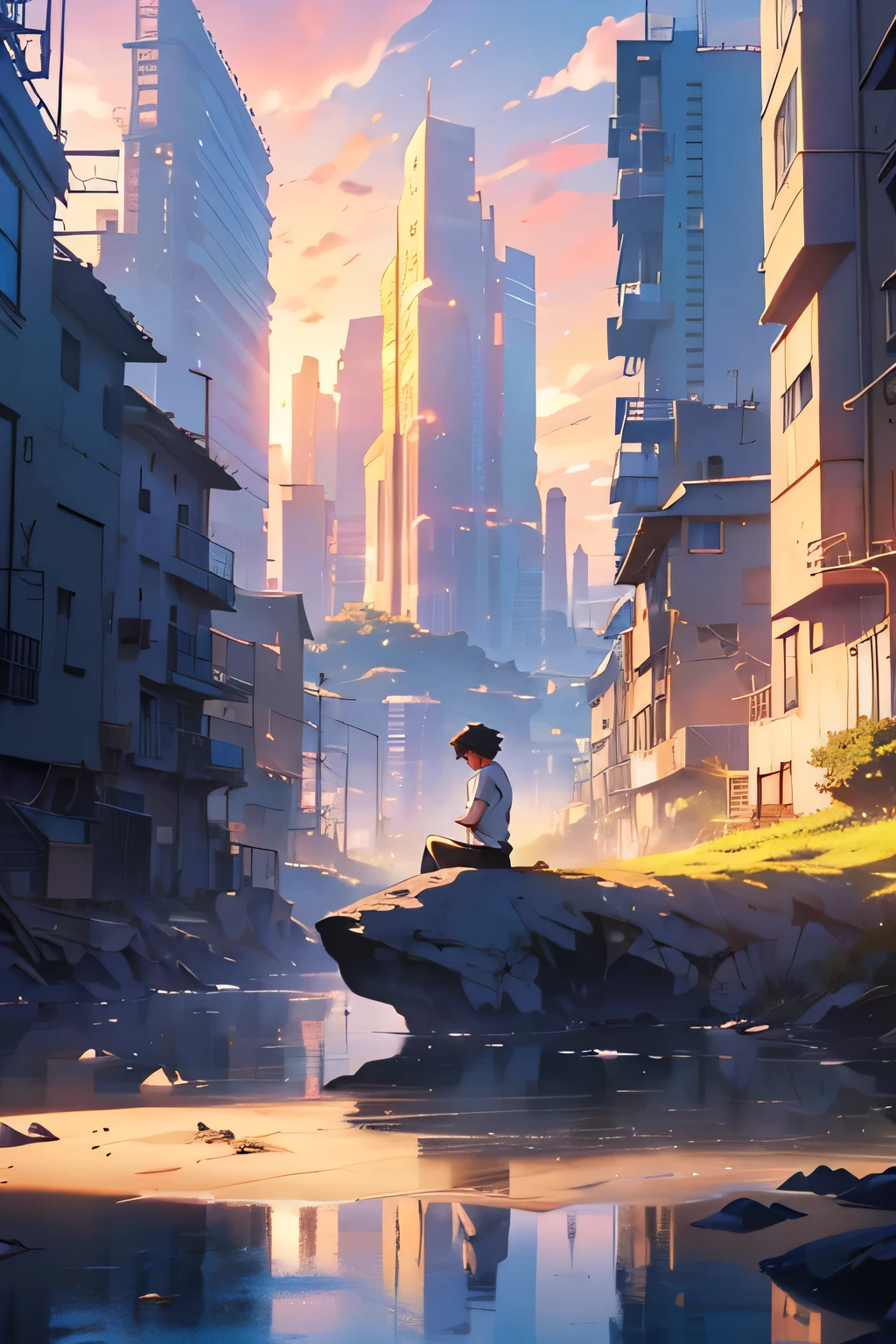 Anime - style scene of beautiful Land in the morning with a blue sky and shiny. by makoto shinkai, anime art wallpaper 4k, anime art wallpaper 4 k, anime art wallpaper 8 k, anime wallpaper 4k, anime wallpaper 4 k, 4k anime wallpaper, anime sky, amazing wallpaper, anime background, a broken city, far mountain, a man sit in the sand, the bird, Ultra Realistic, Ultra HD