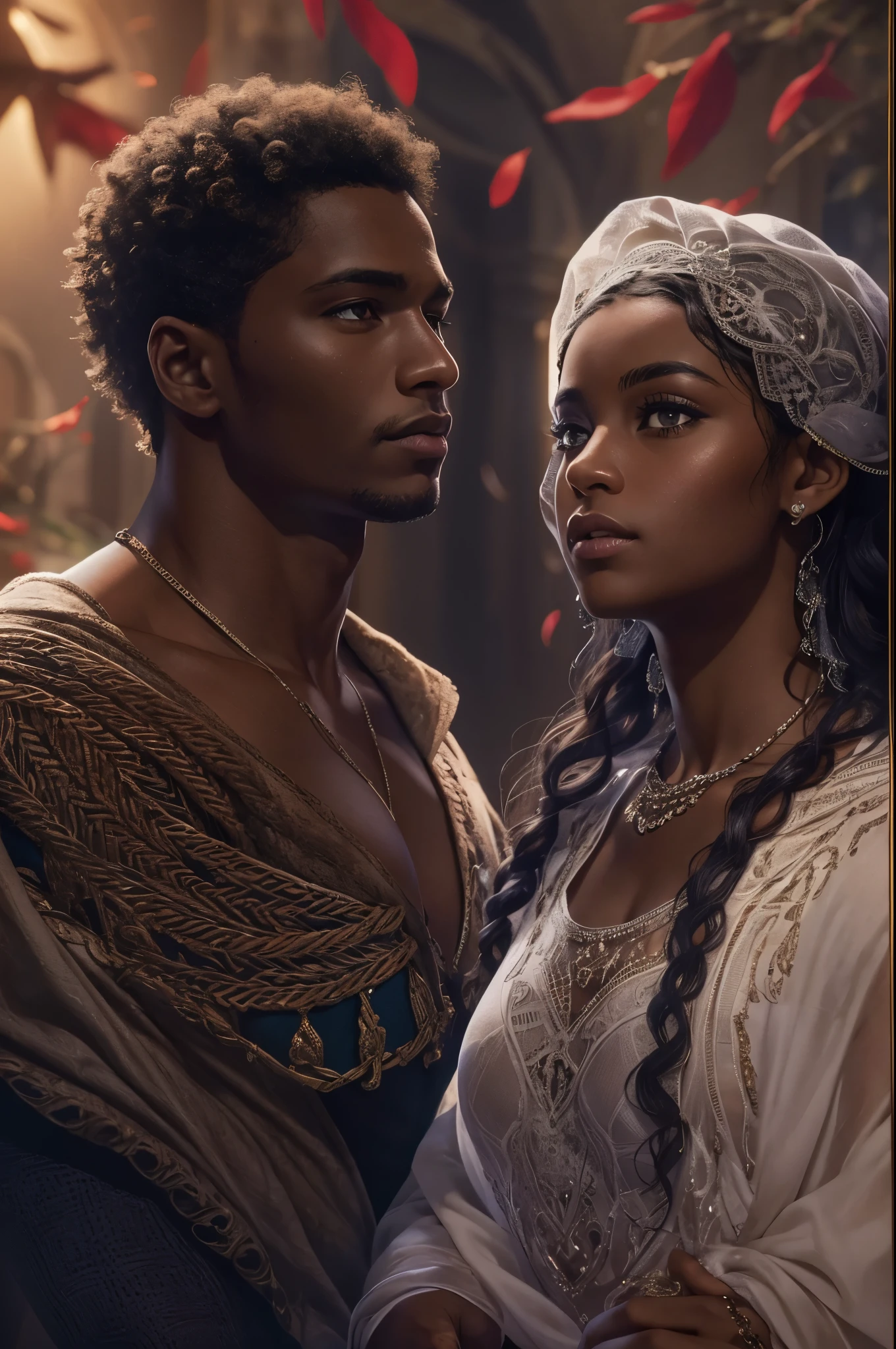 Je veux que tu me fasses une couverture pour un roman Fantasy romance, ces deux personnages sont noirs de peau, dark skin, ils ont 17 ans, ils sont des ennemis, ils veulent s'entretuer, surtout lui, elle, she mainly defends herself but her goal is to save him at all costs too. Le garçon est dark skin, with curly mid-length hair, the girl has long curly hair. They are very beautiful.
extrêmement realistic, coverbook, 8K, realistic.HD, 4K, HD, De vrais visages, Cinematography L'image doit avoir un rapport hauteur/largeur de 1:1.6, et mesurez au moins 2,500 pixels on the longest side.
