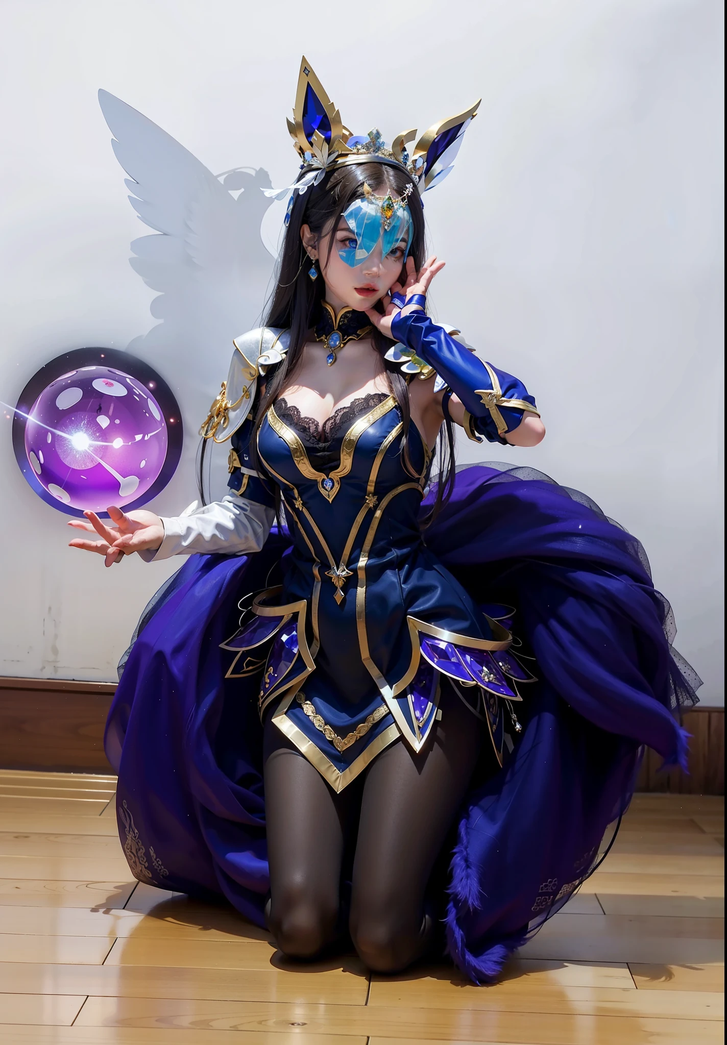Royal sister,exquisite eyes,ice queen,put the crown on your head,Detailed facial expressions body,tall figure,Gorgeous,Leg length,4k,HD,Sensual,translucent lace,白皙plump figure,pretty face,Little cherry mouth,beautiful and delicious(3D royal sister),plump figure,gloss gel coat,Queen in luxurious dress,Crystal Gem Crown,Angel of light in armor,purple energy ball,wear gloves,neat fingers