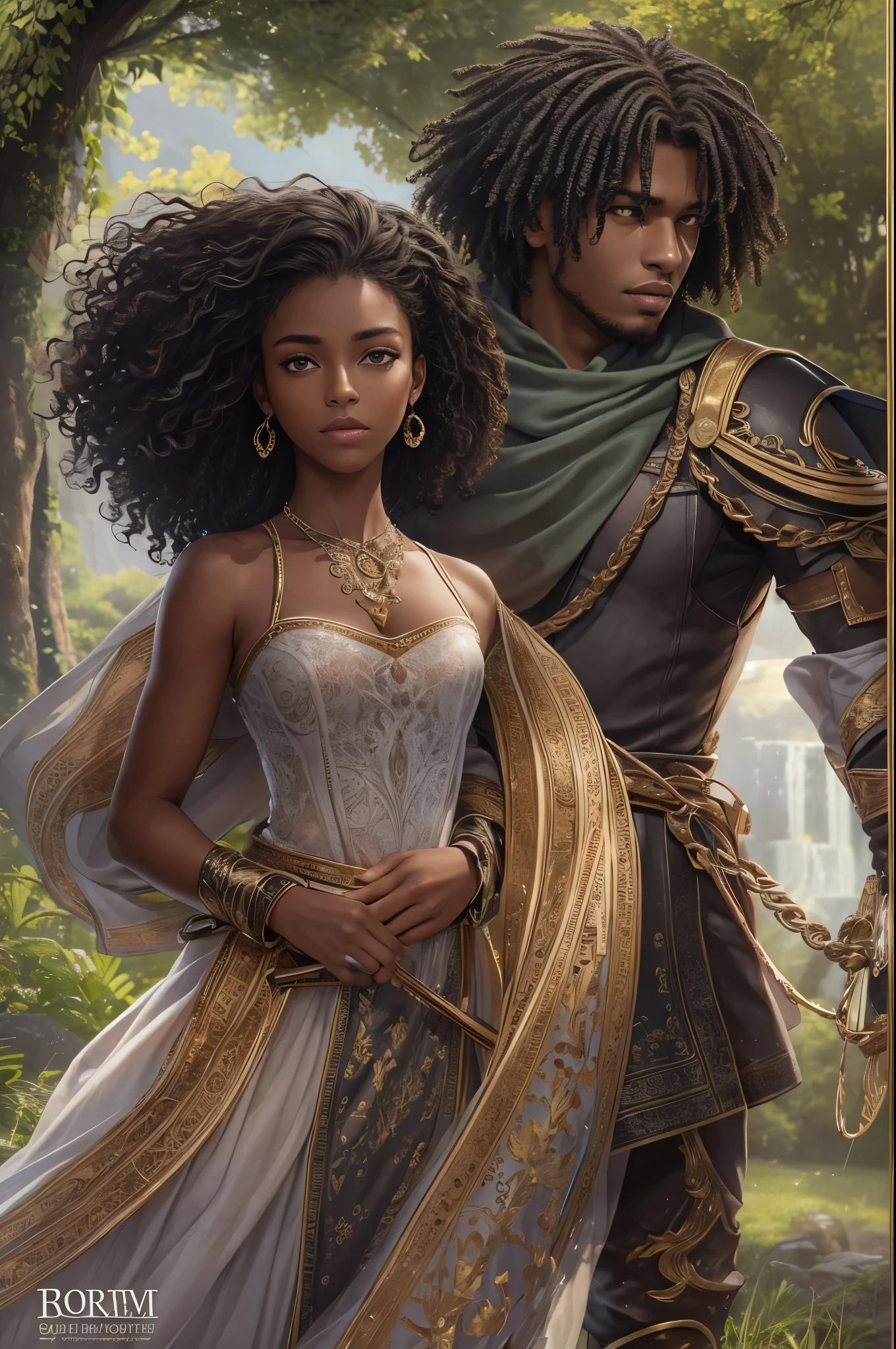 Cover of fantasy darkromance book, a darskin young man and a darkskin young woman, very beautiful, curly hair. The book is about royalty, politic, war, celest kingdom, power and angels.coverbook, 8K, realistic.HD, 4K, HD, De vrais visages, Cinematography L&#39;image doit avoir un rapport hauteur/largeur de 1:1.6, et mesurez au moins 2,500 pixels on the longest side.