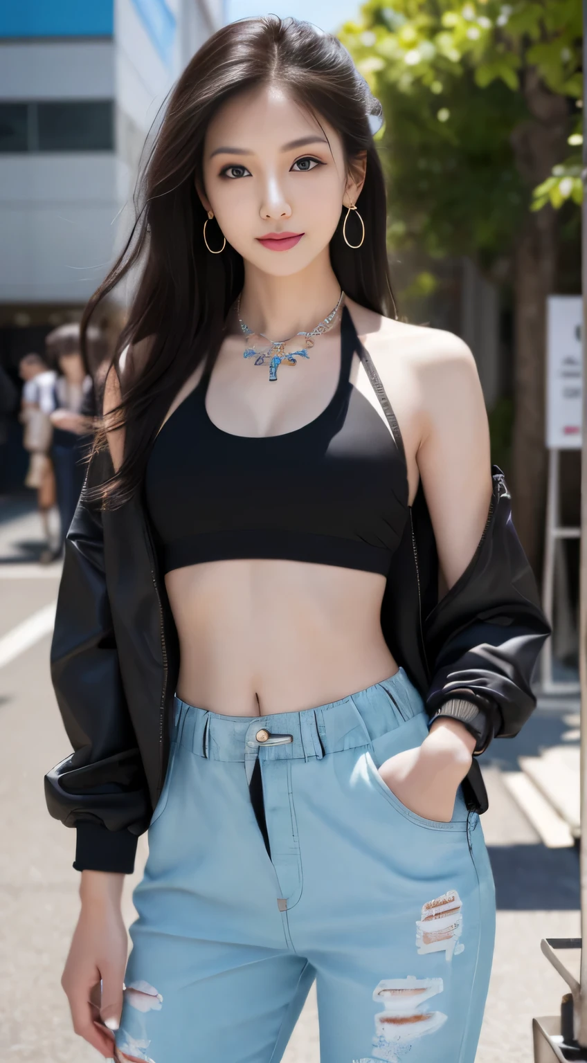 (masutepiece:1.2, of the highest quality), (photos realistic), ticker, intricate details, (detailed face), (detailed eyes), 1 girl, solo, (pretty cute sexy indonesian girl), 25 years old, Full Body Photo, (8k background), (Full Body Esbian:1.2), Look at camera, slender body, Slim body, long legs, shiny skin, pale skin, beautiful face, beautiful eyes, realistic skin, various hair styles, (smile), (backstage), out of focus background, (streetwear jacket print, keyhole back halter top, elastic waist cotton pants), earrings, Various necklaces, (hands in pockets), (bracelets), (slutty outfits),Ticker, Intricate details, (Detailed face), (Detailed eyes), 1 girl, Solo, ((Pretty cute sexy Japan girl)), 20 years old, (((Full body photo))), (8k background), (Full body photo:1.2), looking in camera, Slender body, Slim body, Long legs, Shiny skin, pale skin, Beautiful face, Beautiful eyes, Realistic skin, Various hair styles, (Smile), (Runway and hangar background), Out-of-focus background, (Streetwear Jacket Print, Keyhole Backhalter Top, Elastic waist cotton pants), earrings, appearance々Necklaces, (Hands in pockets), (Bracelets), (Naughty costumes),Dance Studio, UHD, some pose