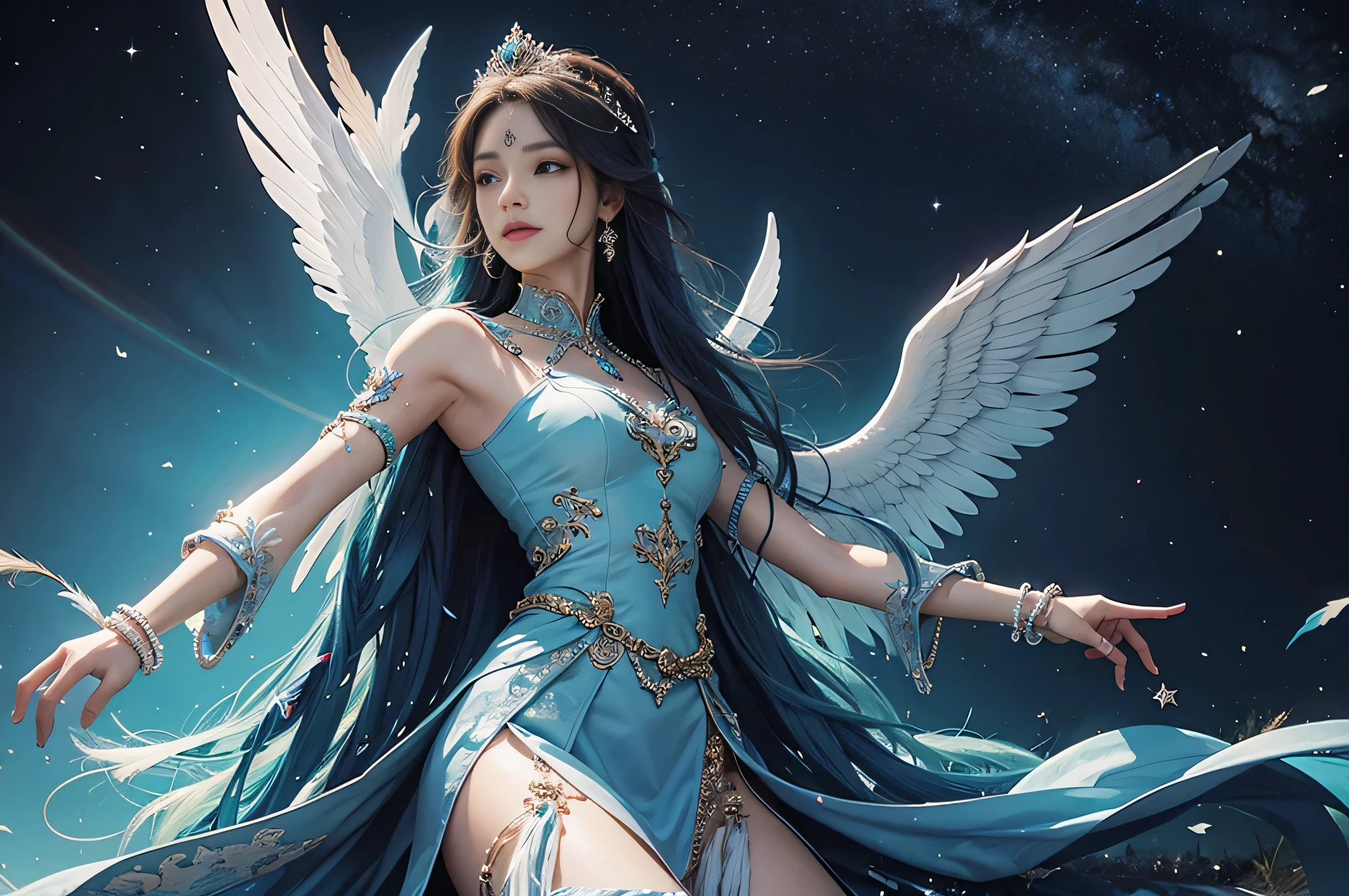 universe, blue sky, Sparkling, angels, goddess, feather, happiness, rainbow aura, realistic, Super detailed,
