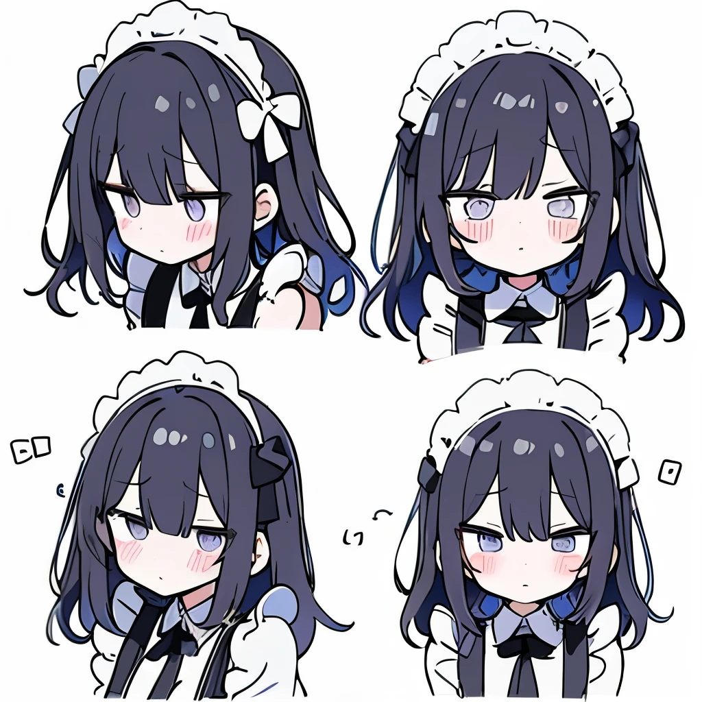 An emoticon package about a Q version of a maid，16 expressions，whole body，Action packed，Expressive，energetic and cute，Simple drawing，simple lines，white background