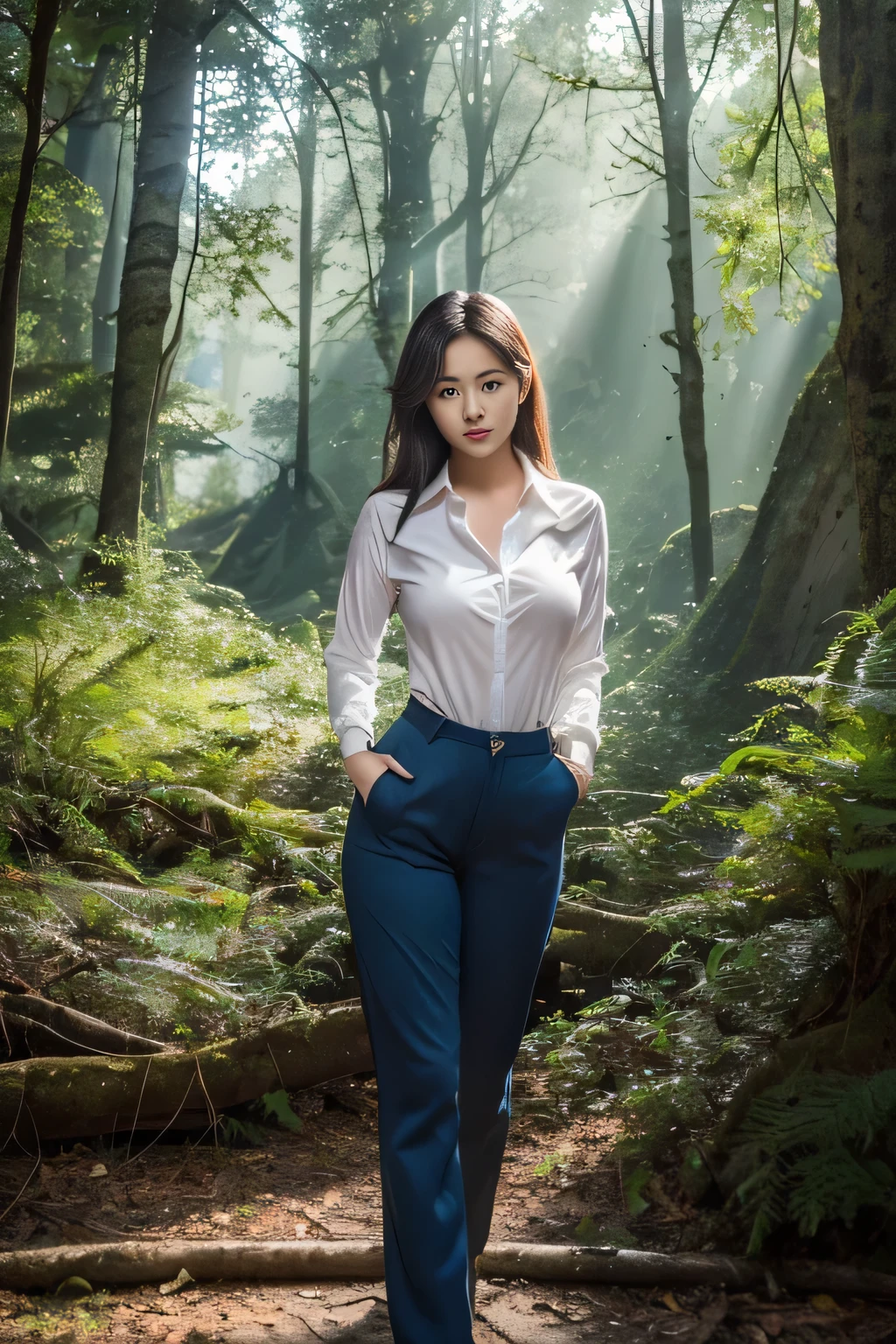(masterpiece:1.5,highest quality,8k,overwhelmingly beautiful:1.2)、(cute japanese girl:1.8、Flawless),(((shirt、pants、jumper)))、(huge breasts:1.10),(Best Beautiful Body)、(Flawless解剖学、beautiful limbs、Precise limbs)、big ass、beautiful thighs、cold and fog、best art、beautiful shine、darkness of night、 great atmosphere、(((Fusion with nature、Deep in the mountains of the primeval forest、sea of trees)))、professional photography、Artistic、model,